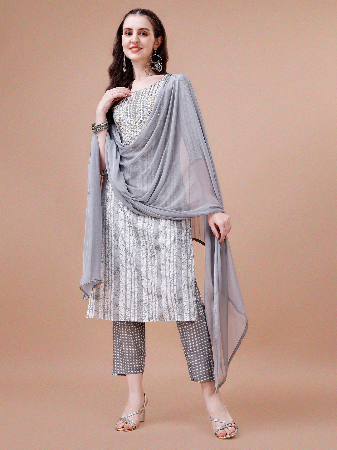 Mirror embroidered & Striped Printed Cotton kurta with pant & dupatta set