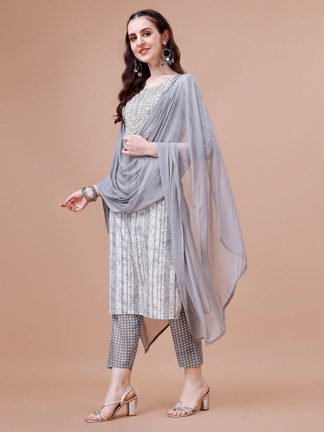 Mirror embroidered & Striped Printed Cotton kurta with pant & dupatta set