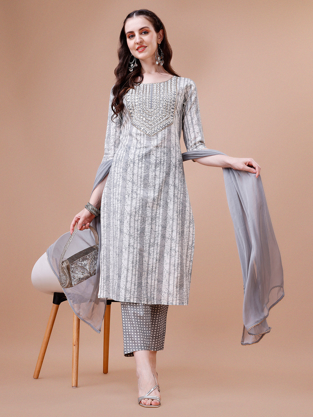 Mirror embroidered & Striped Printed Cotton kurta with pant & dupatta set