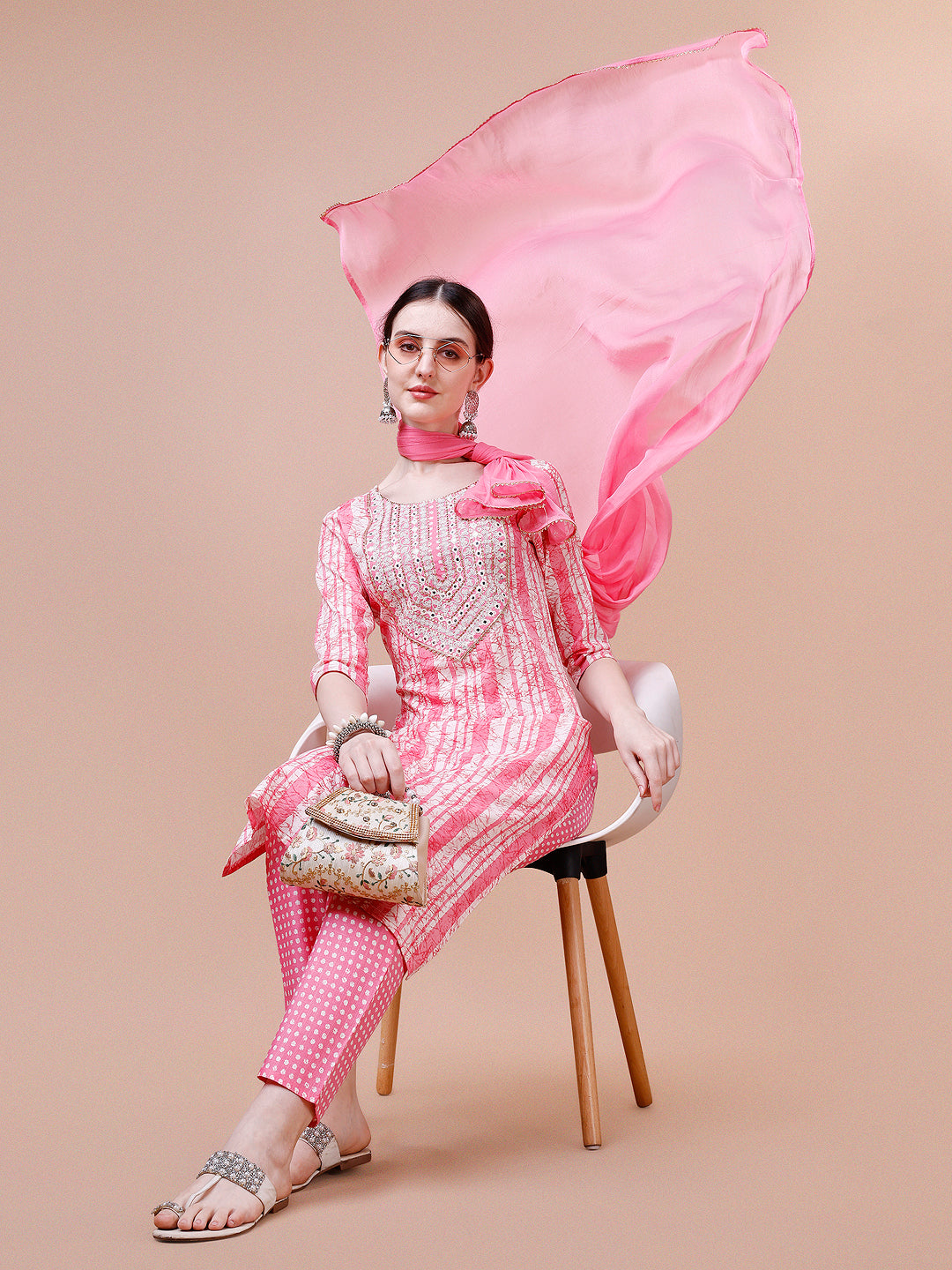 Mirror embroidered & Striped Printed Cotton kurta with pant & dupatta set