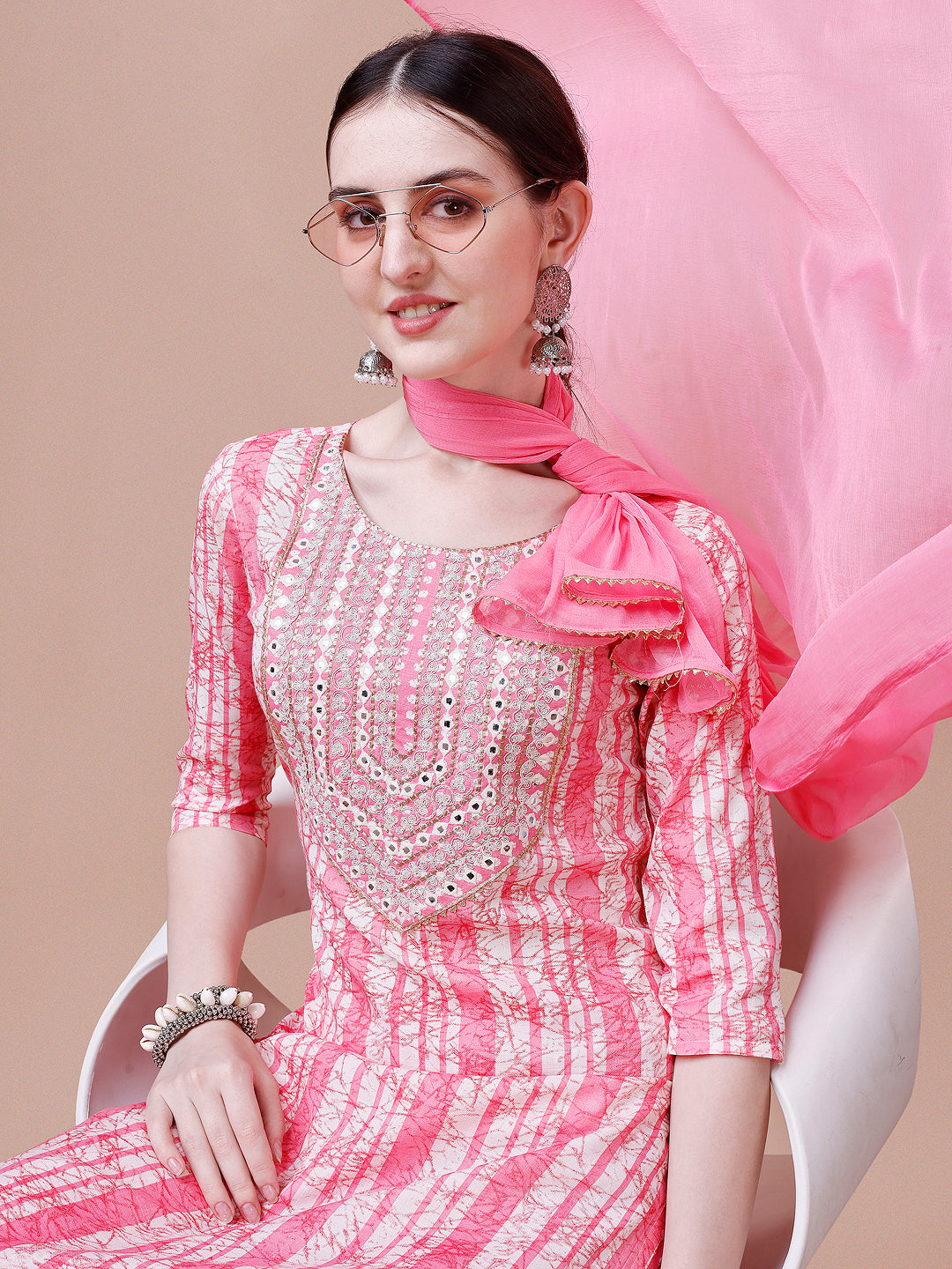 Mirror embroidered & Striped Printed Cotton kurta with pant & dupatta set