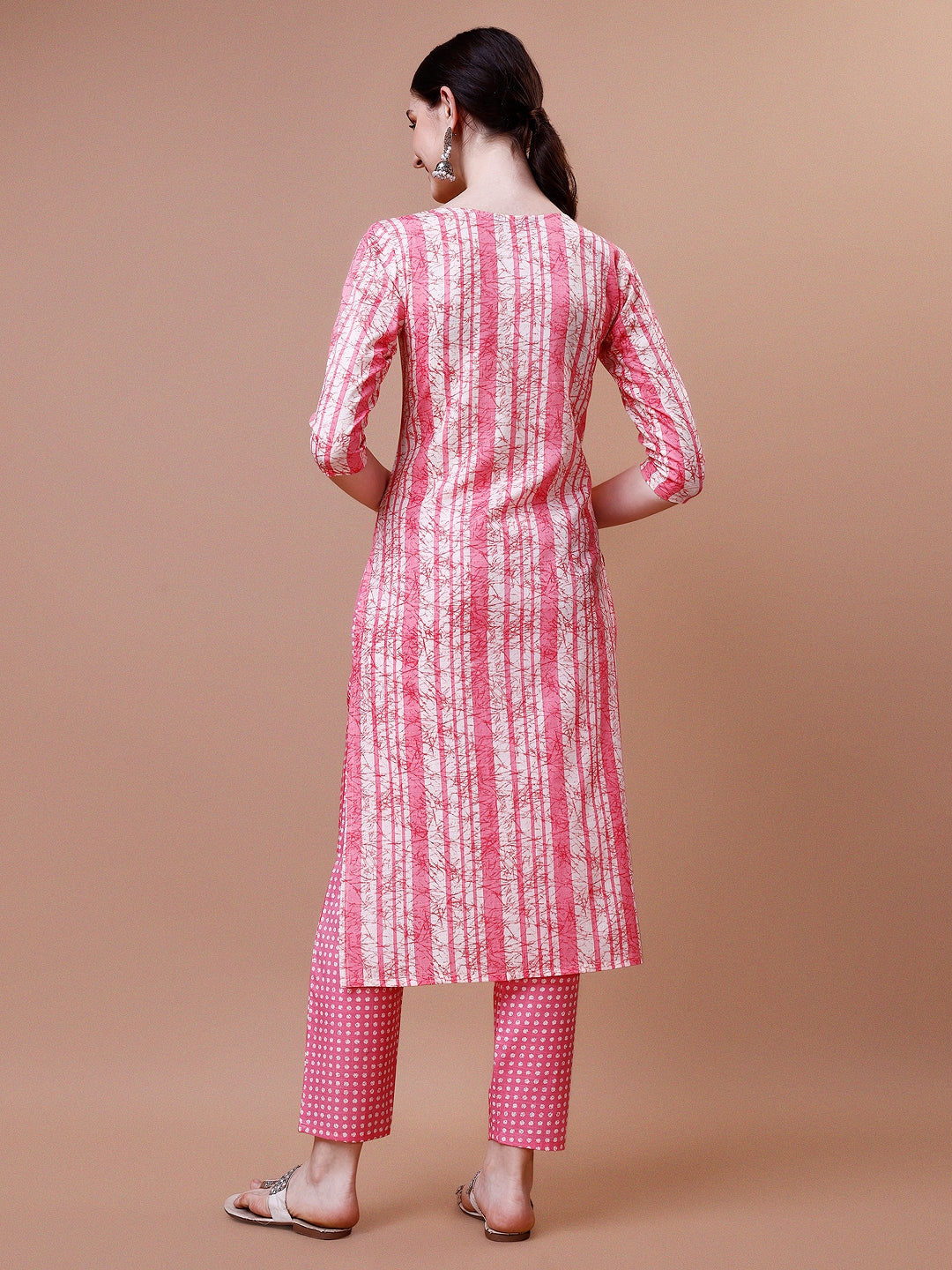 Mirror embroidered & Striped Printed Cotton kurta with pant & dupatta set