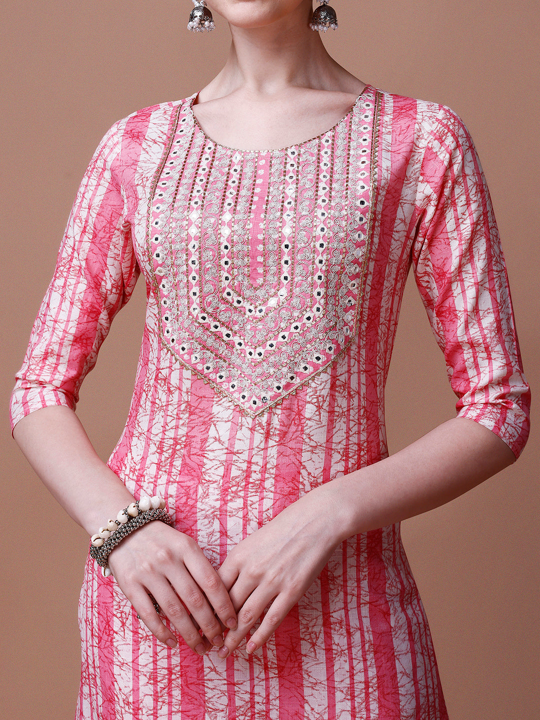 Mirror embroidered & Striped Printed Cotton kurta with pant & dupatta set