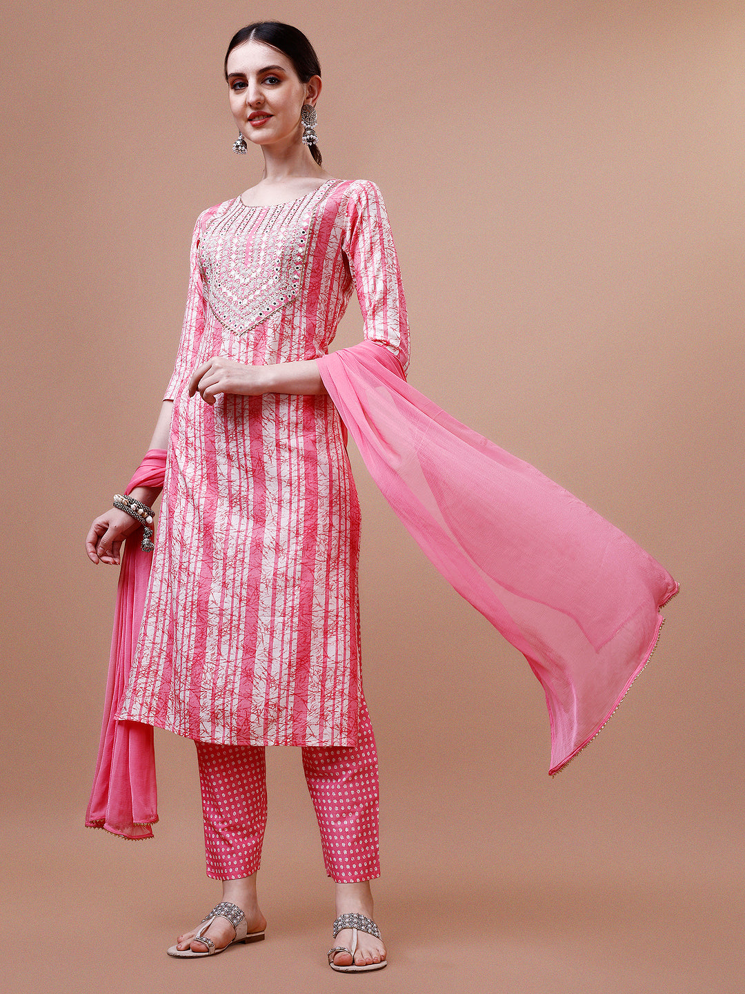 Mirror embroidered & Striped Printed Cotton kurta with pant & dupatta set