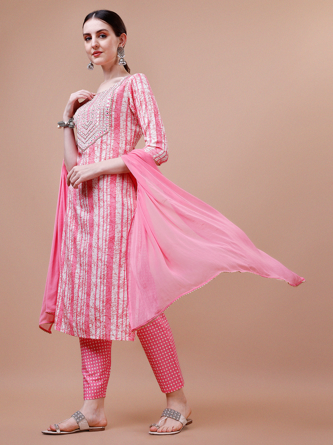 Mirror embroidered & Striped Printed Cotton kurta with pant & dupatta set