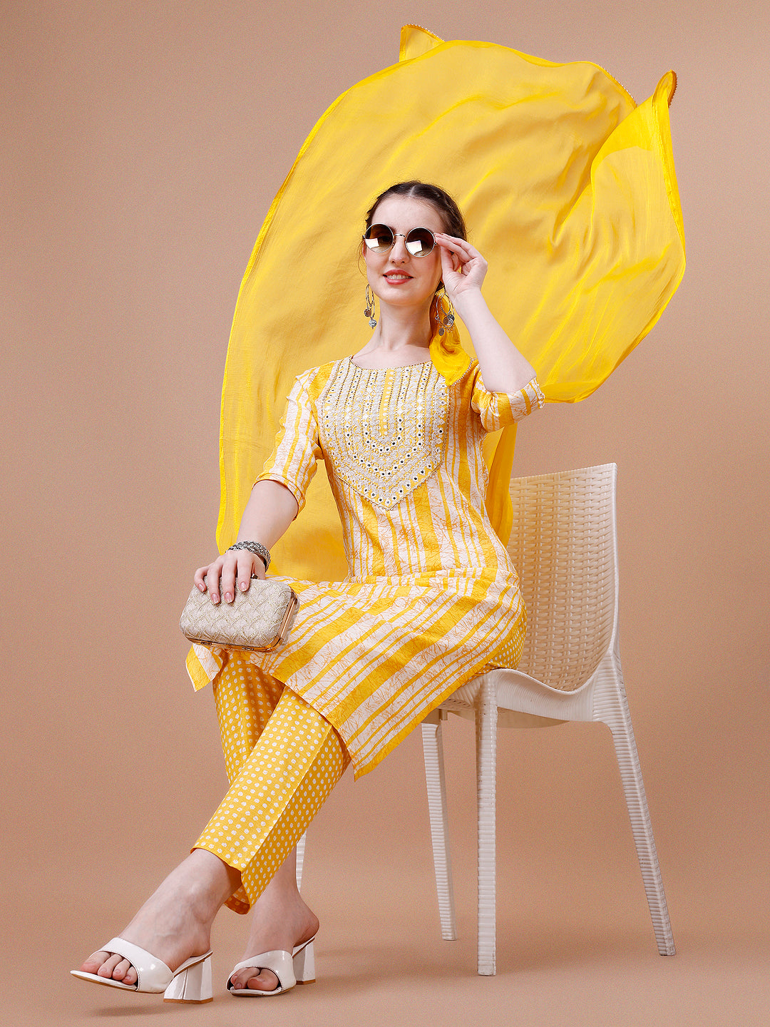 Mirror embroidered & Striped Printed Cotton kurta with pant & dupatta set