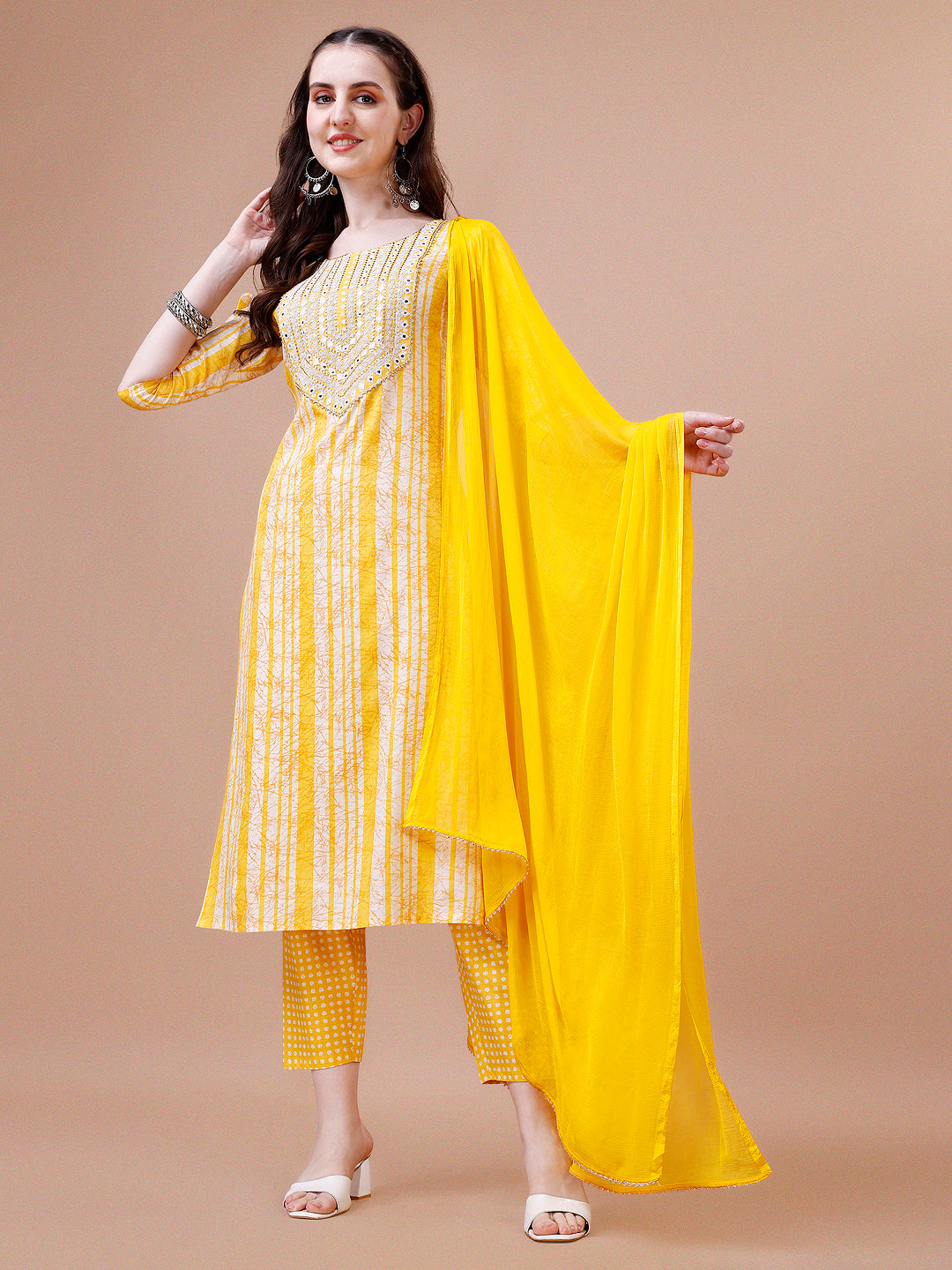 Mirror embroidered & Striped Printed Cotton kurta with pant & dupatta set