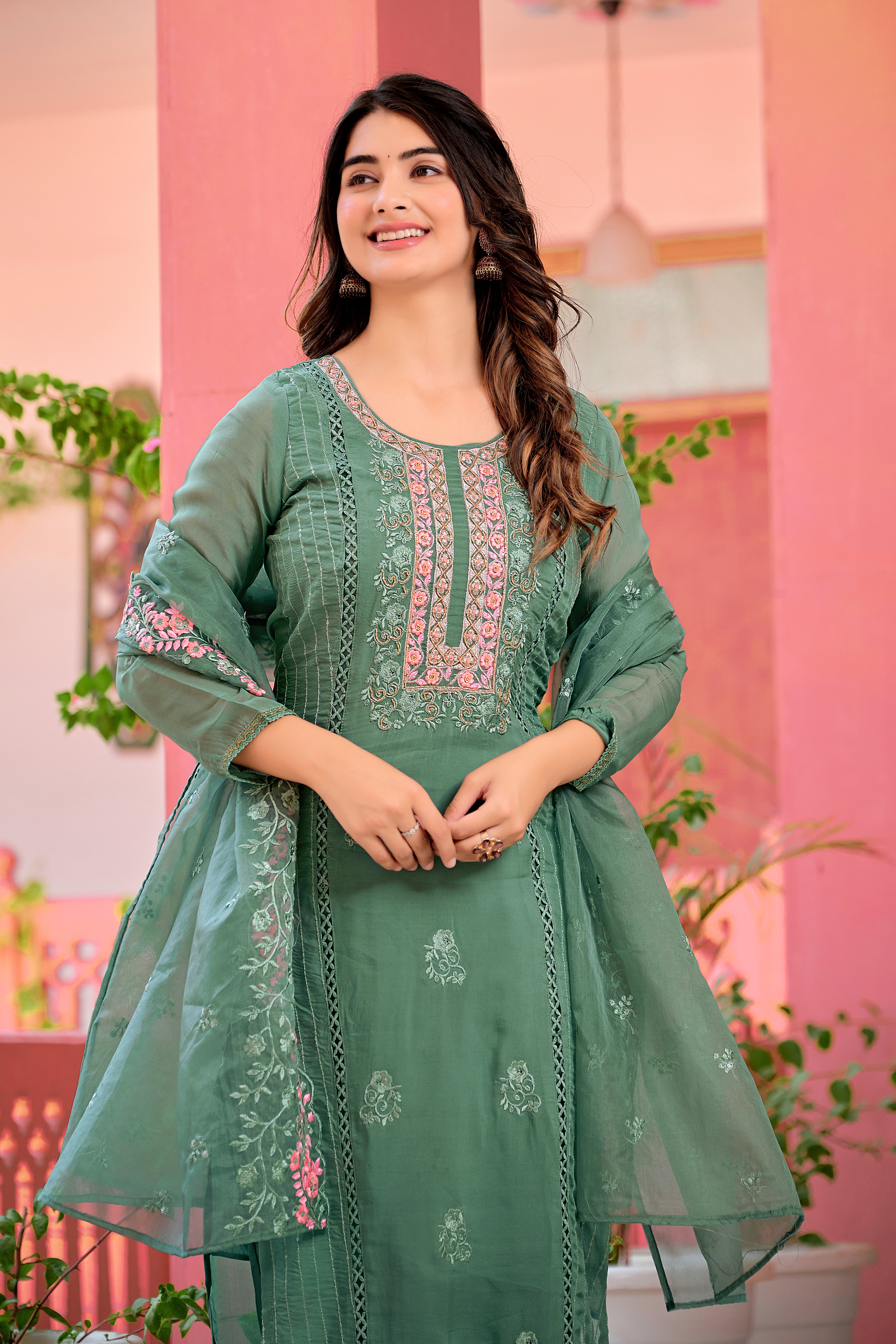 Hand embroidered & Lace Detailed Kurta with Pant & Dupatta Premium Luxury