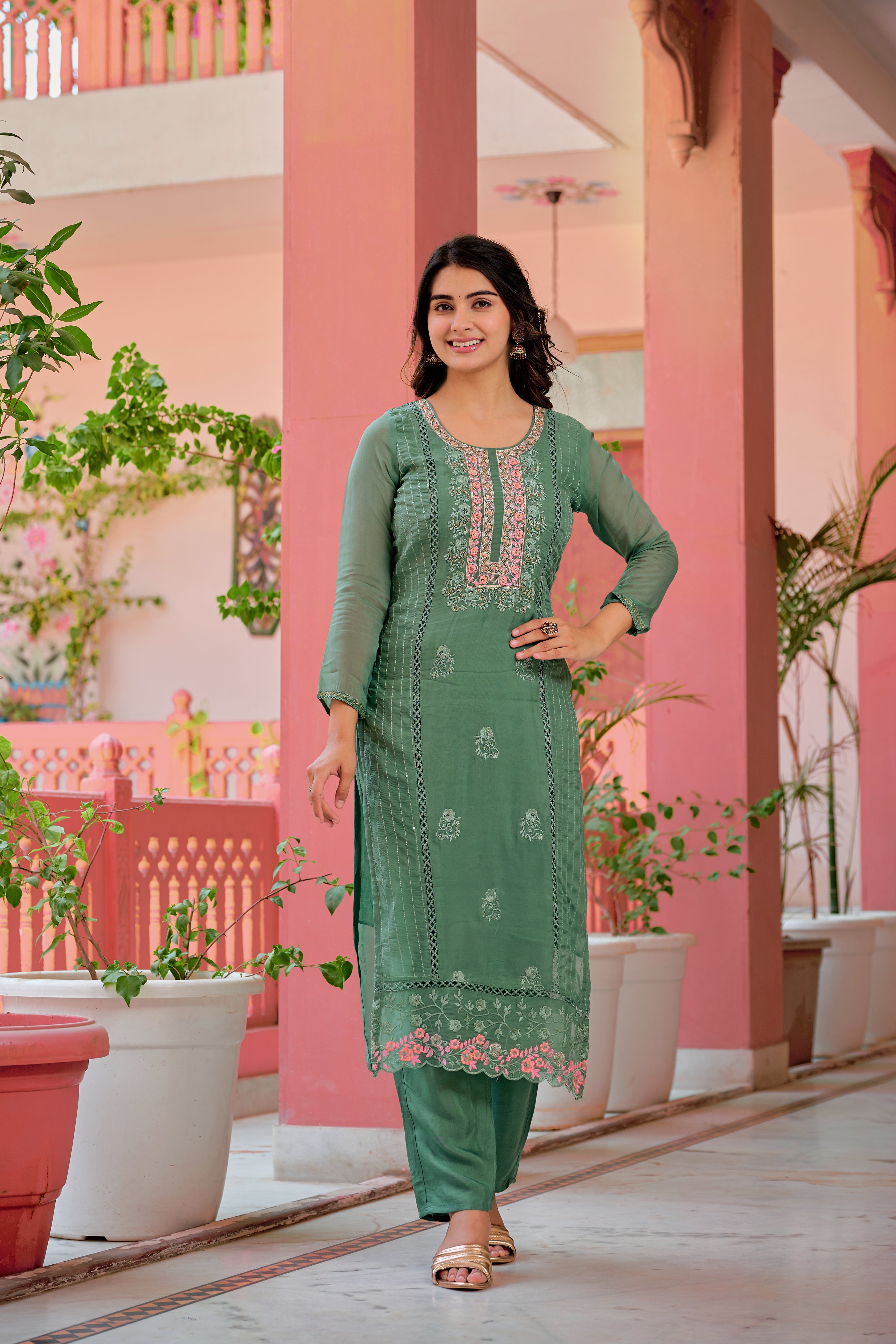 Hand embroidered & Lace Detailed Kurta with Pant & Dupatta Premium Luxury