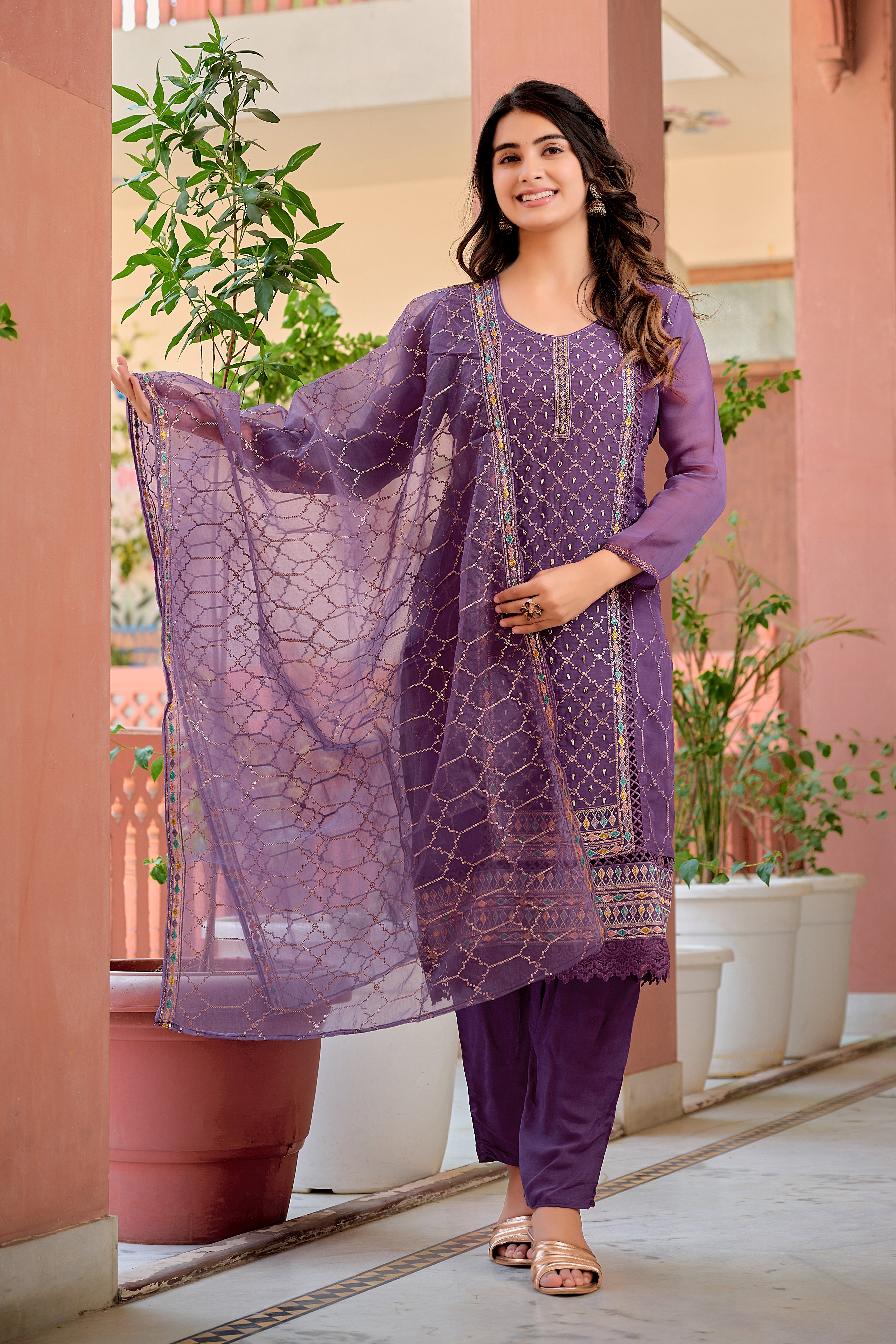 Hand embroidered & Lace Detailed Kurta with Pant & Dupatta premium luxury