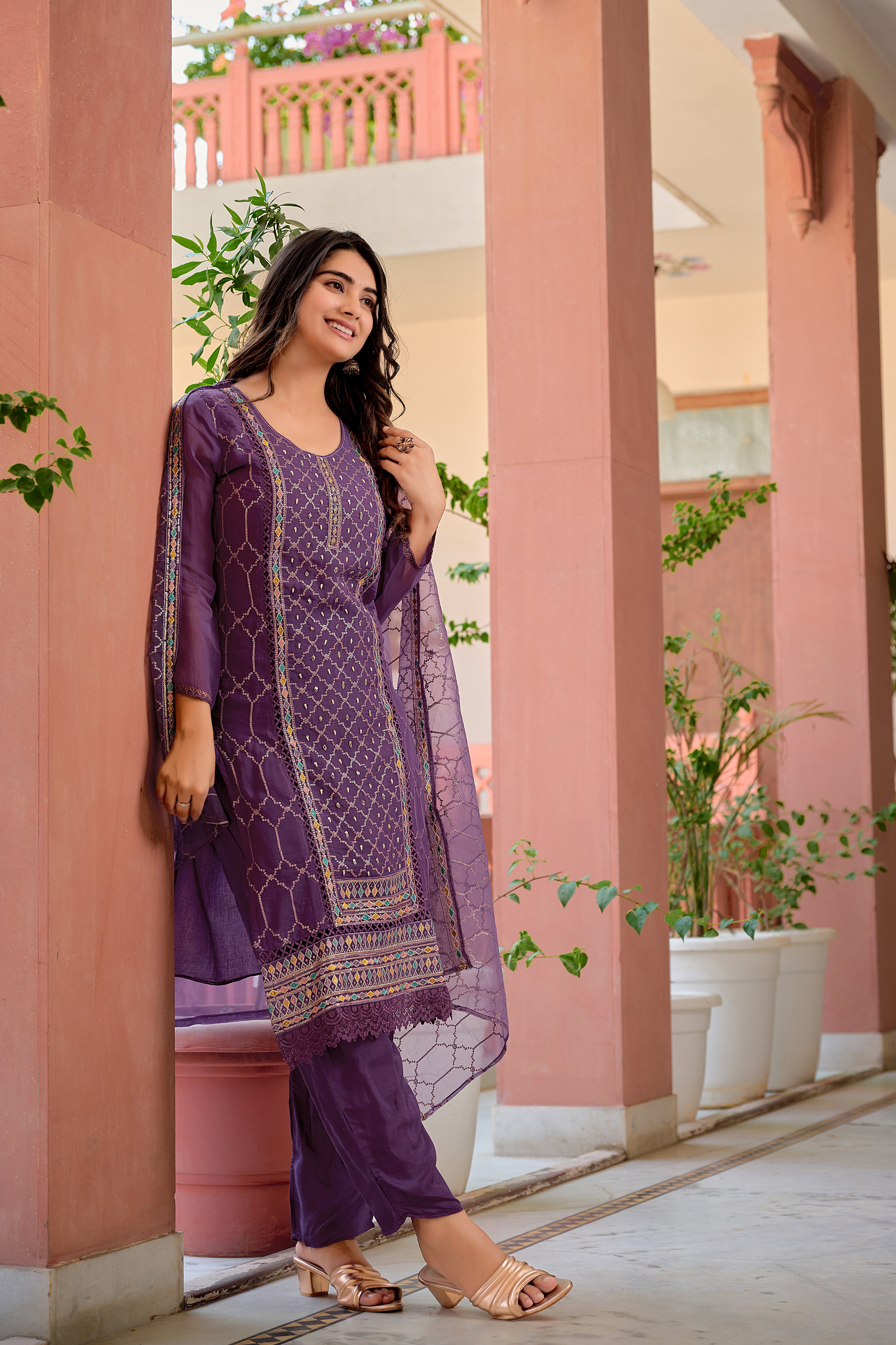 Hand embroidered & Lace Detailed Kurta with Pant & Dupatta premium luxury