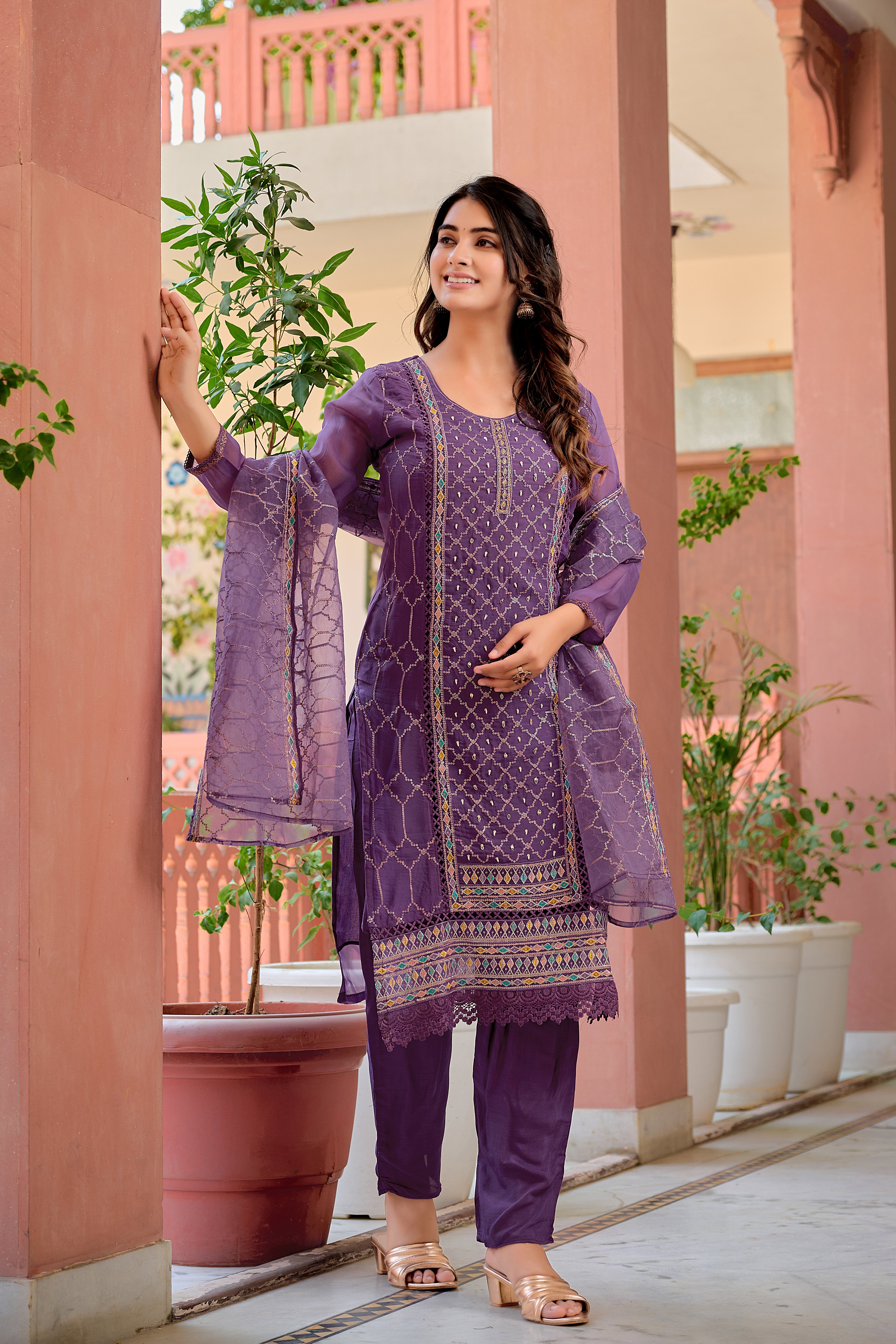 Hand embroidered & Lace Detailed Kurta with Pant & Dupatta premium luxury