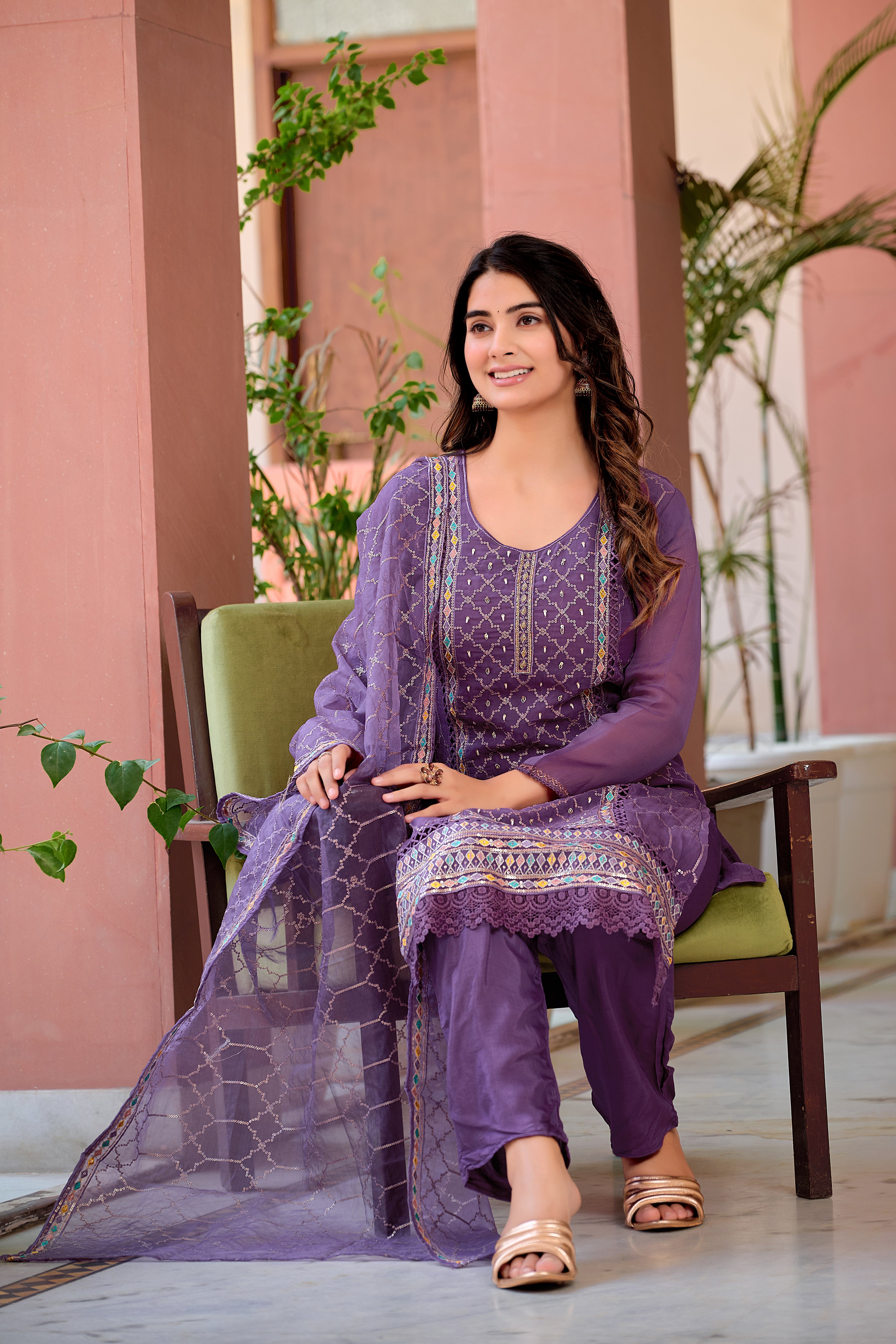 Hand embroidered & Lace Detailed Kurta with Pant & Dupatta premium luxury