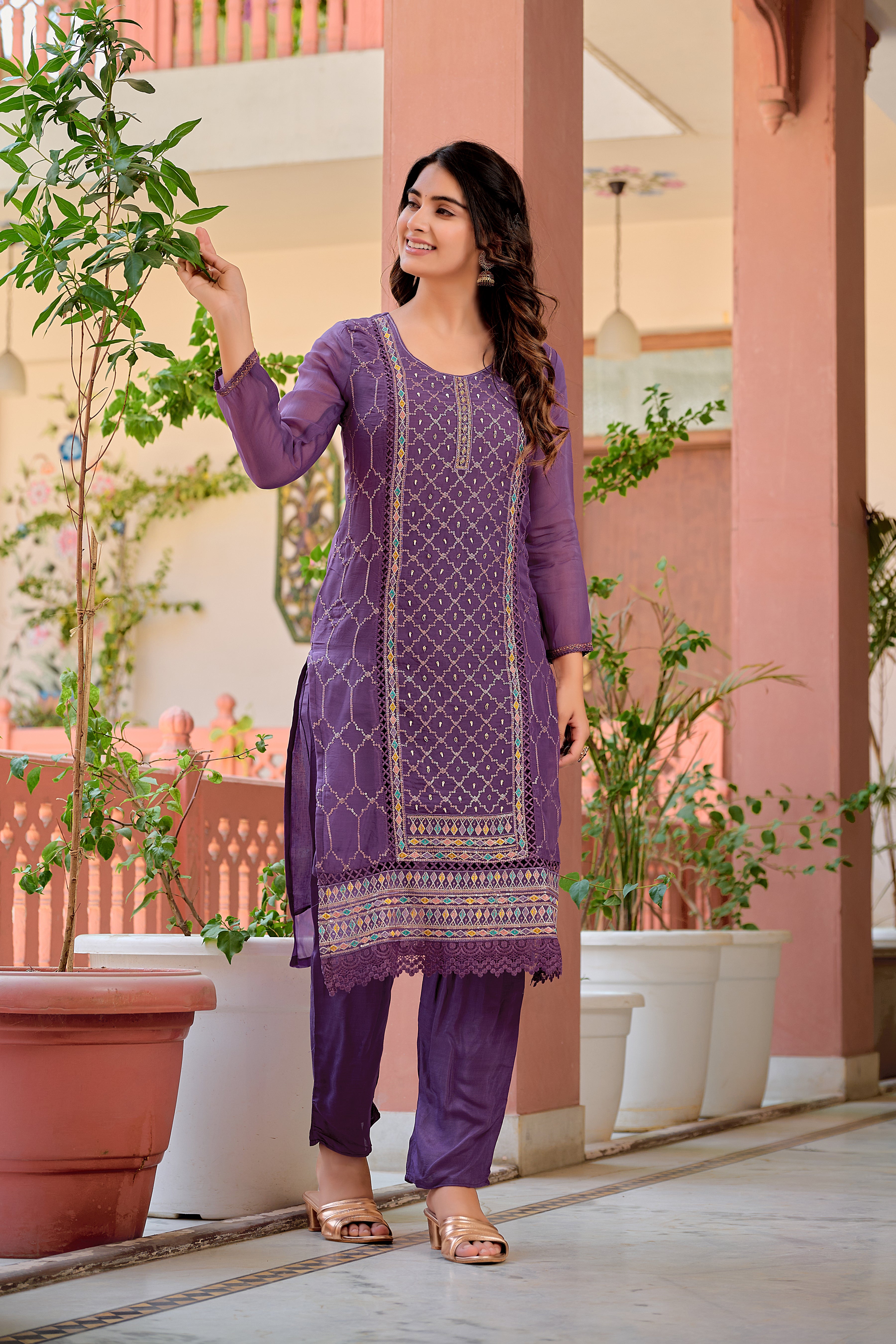 Hand embroidered & Lace Detailed Kurta with Pant & Dupatta premium luxury