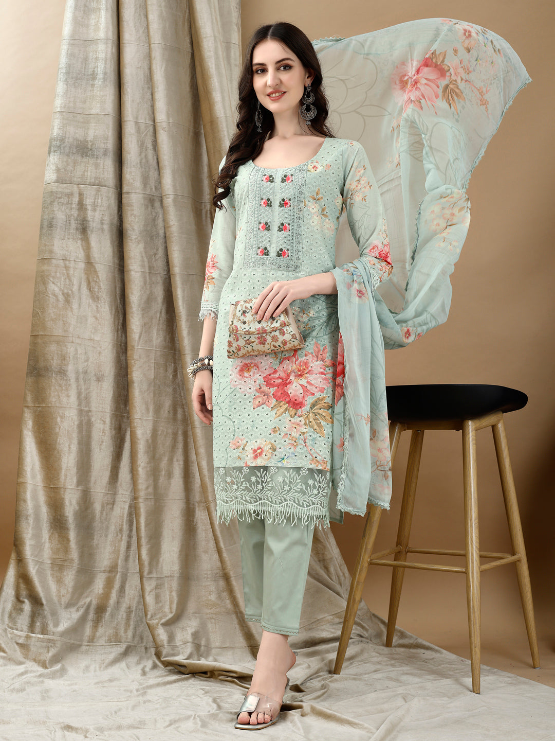 Schiffli Embroidered Kurta with Pant & printed Dupatta Luxury Premium