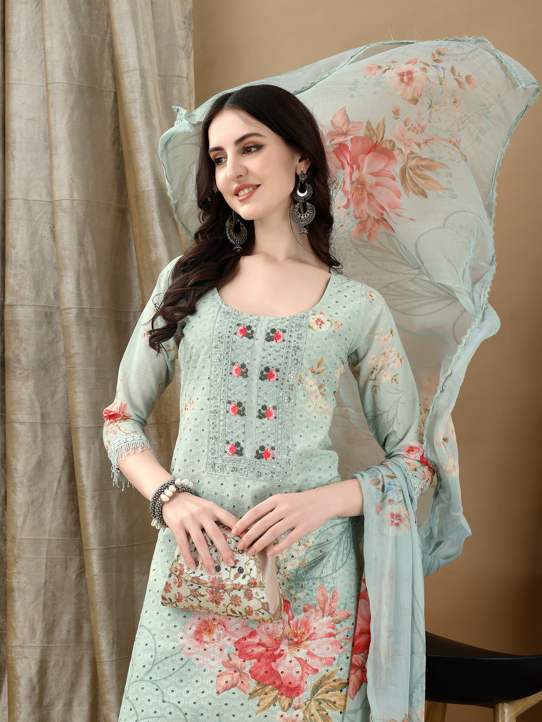 Schiffli Embroidered Kurta with Pant & printed Dupatta Luxury Premium