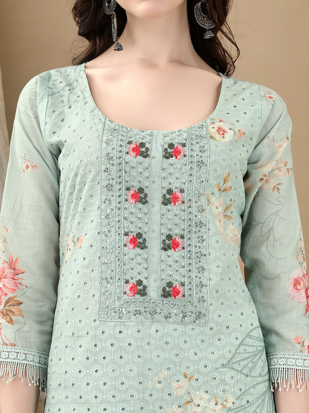 Schiffli Embroidered Kurta with Pant & printed Dupatta Luxury Premium