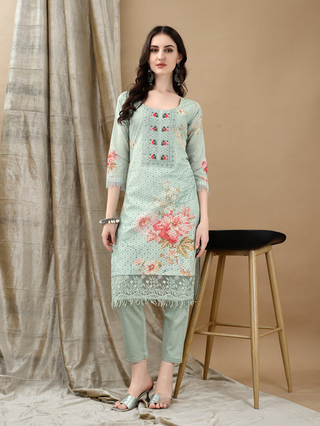 Schiffli Embroidered Kurta with Pant & printed Dupatta Luxury Premium