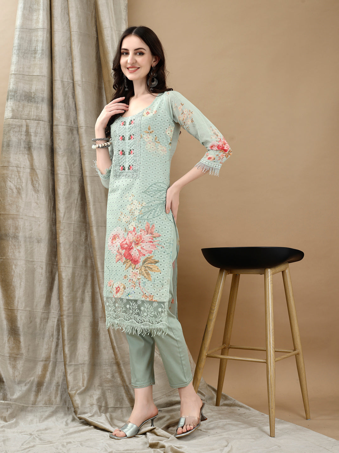 Schiffli Embroidered Kurta with Pant & printed Dupatta Luxury Premium