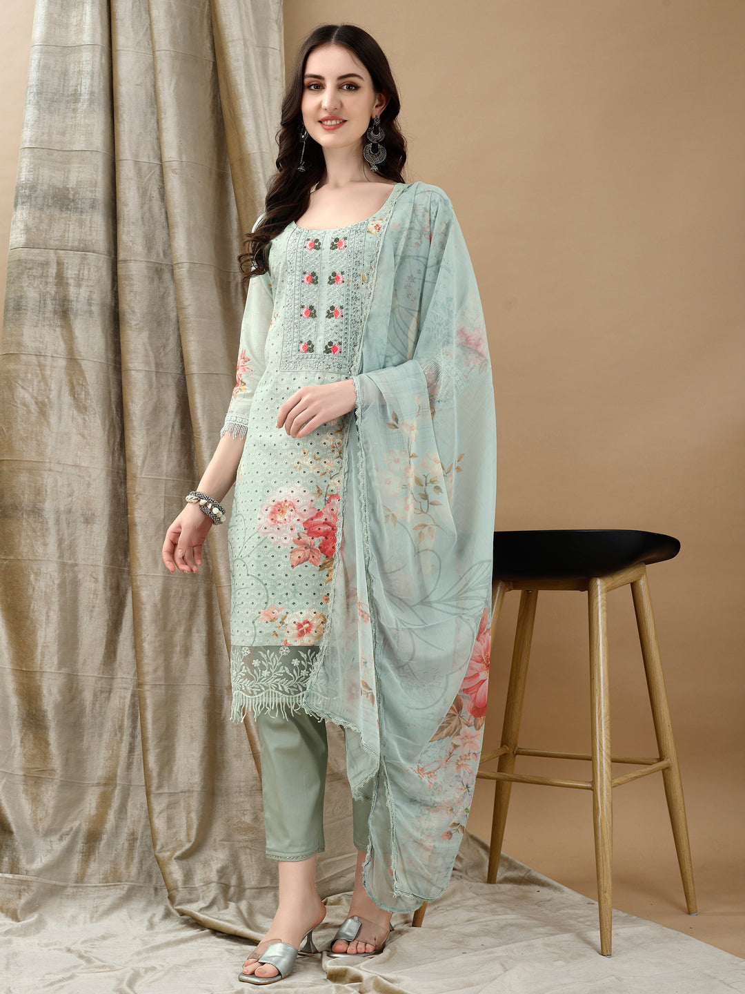 Schiffli Embroidered Kurta with Pant & printed Dupatta Luxury Premium