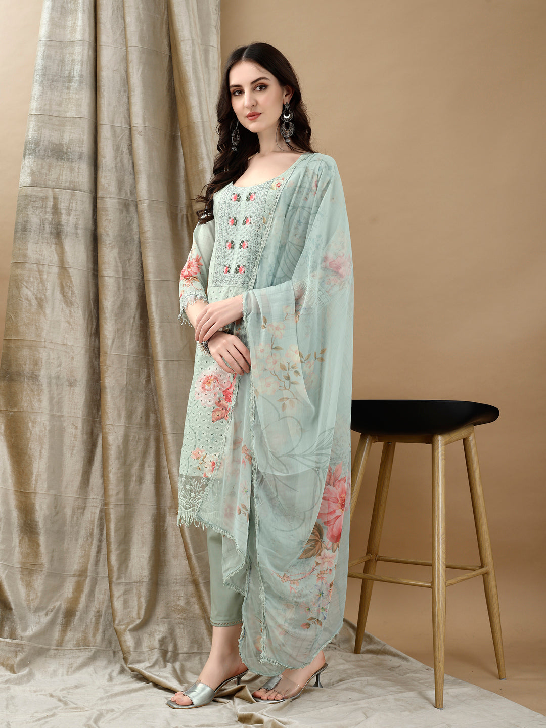 Schiffli Embroidered Kurta with Pant & printed Dupatta Luxury Premium