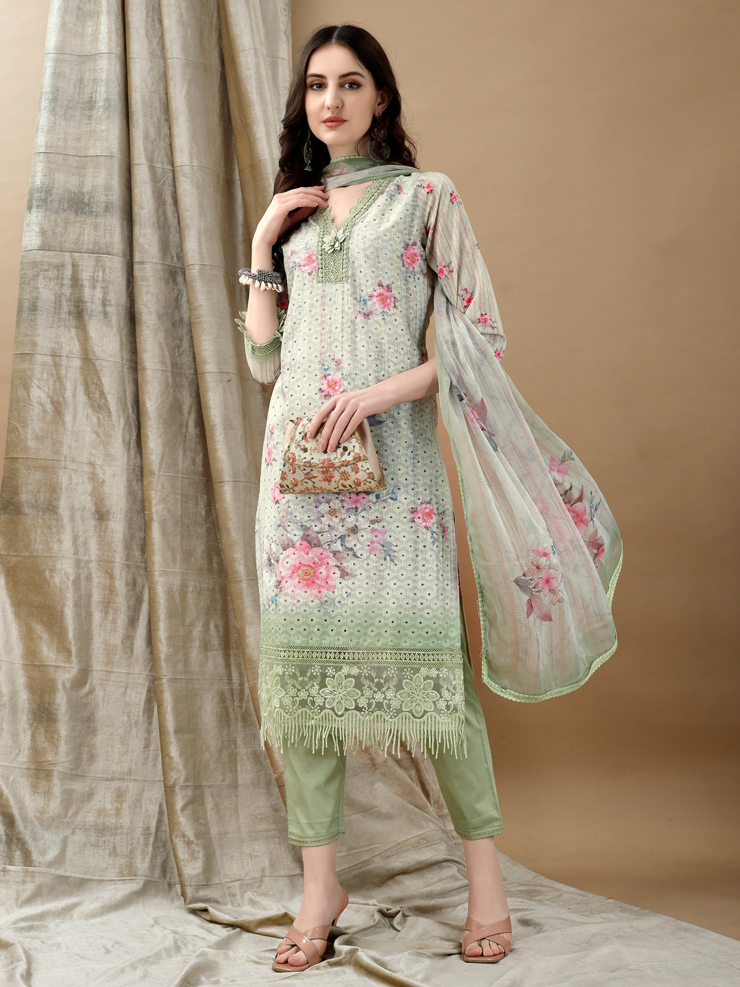 Schiffli Embroidered Kurta with Pant & printed Dupatta Luxury Premium