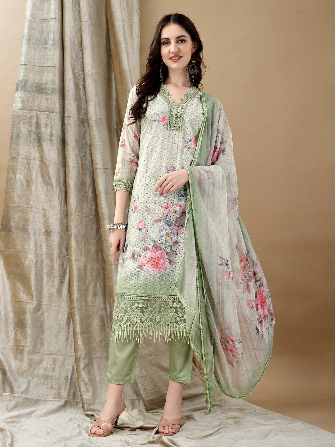 Schiffli Embroidered Kurta with Pant & printed Dupatta Luxury Premium