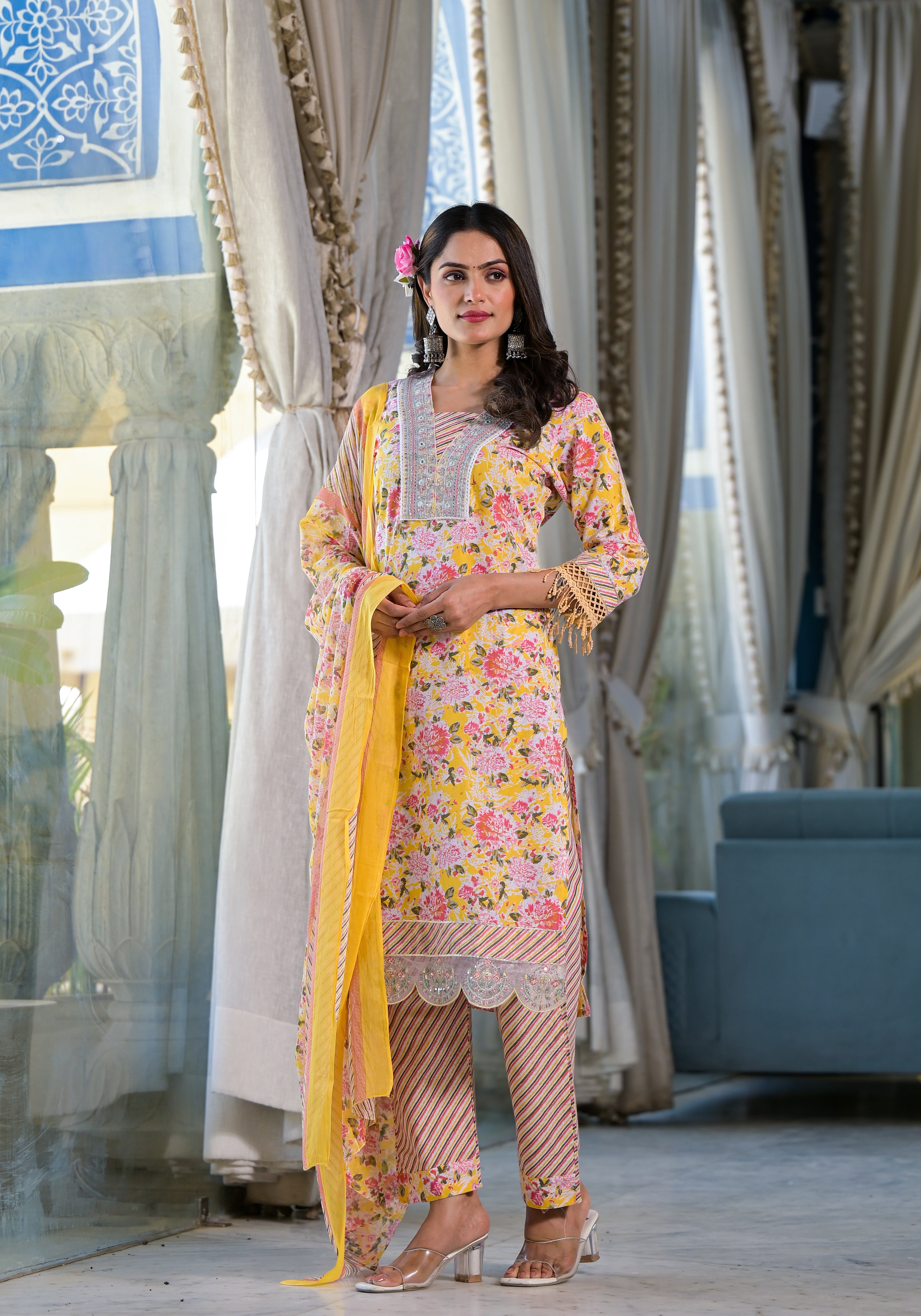 Floral Printed & Embroidered Kurta with pant & dupatta Luxury