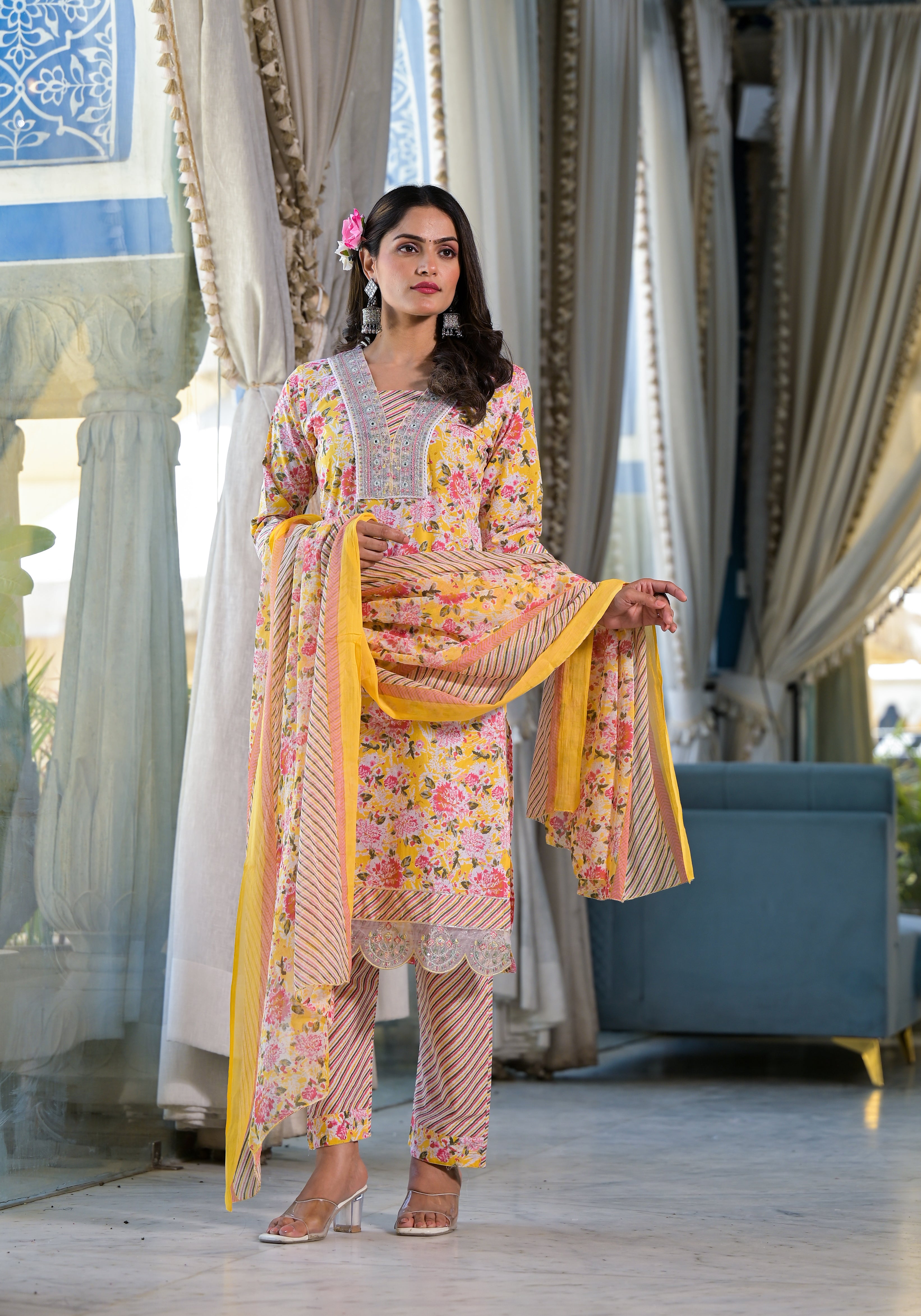 Floral Printed & Embroidered Kurta with pant & dupatta Luxury