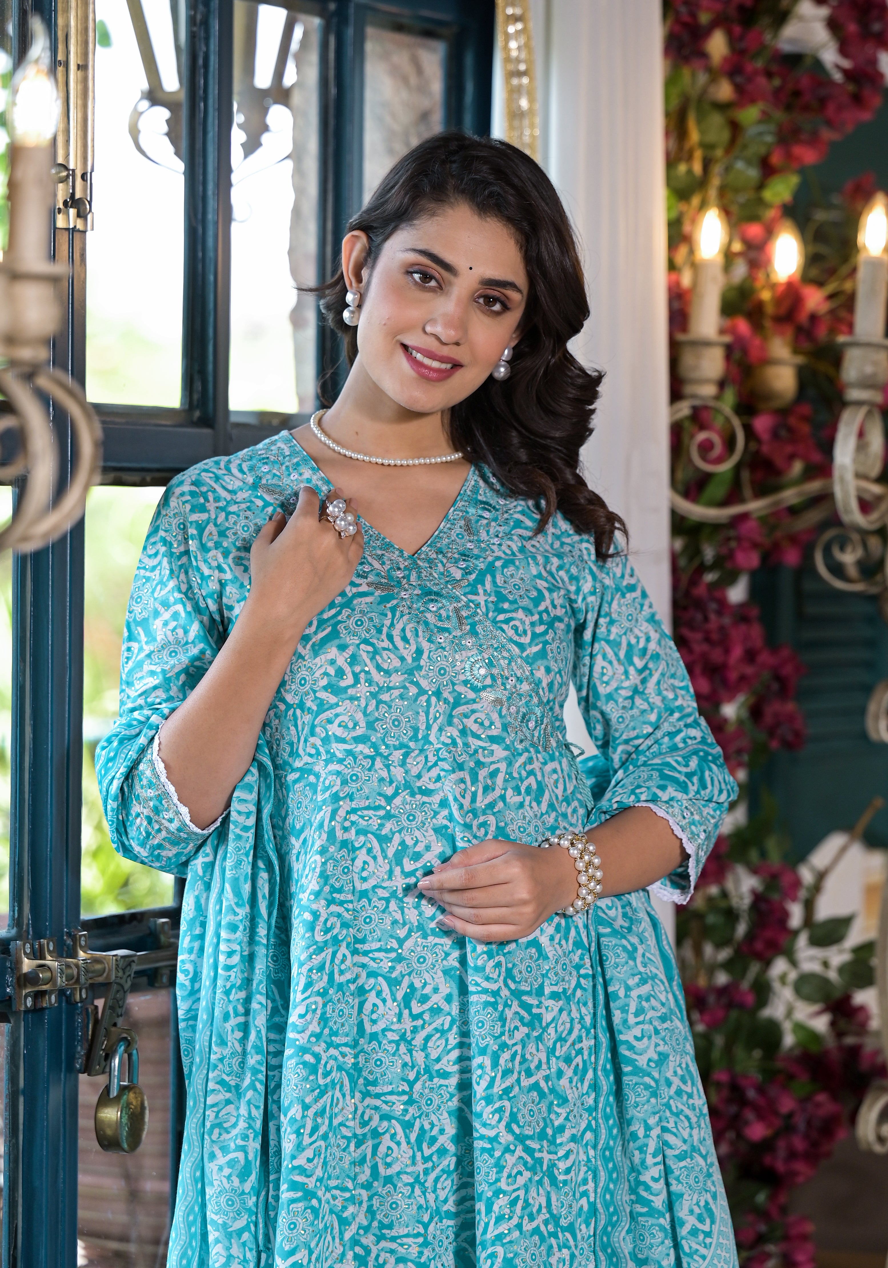 Embroidered & Printed Angrakha Style Kurta with pant & dupatta