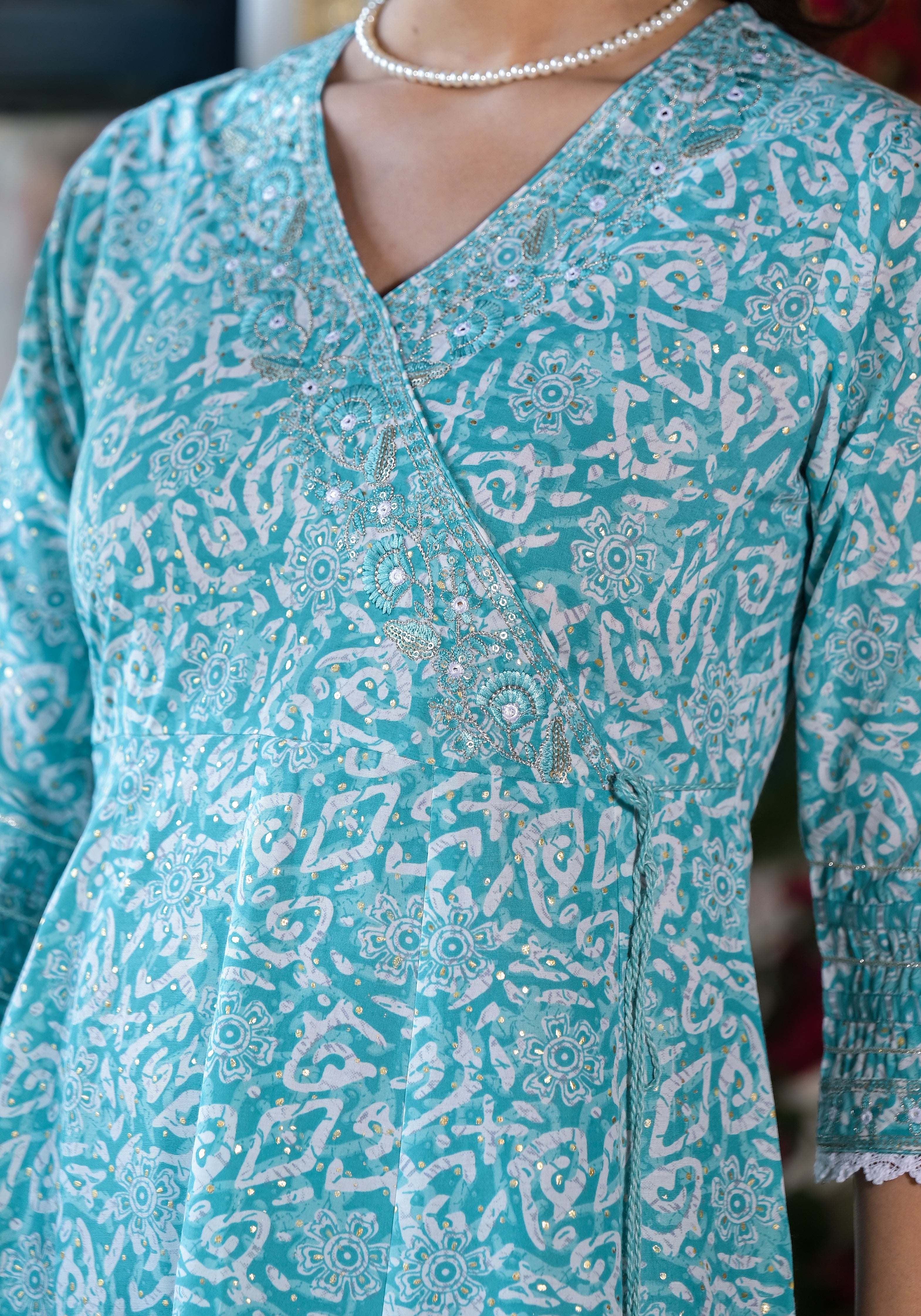 Embroidered & Printed Angrakha Style Kurta with pant & dupatta