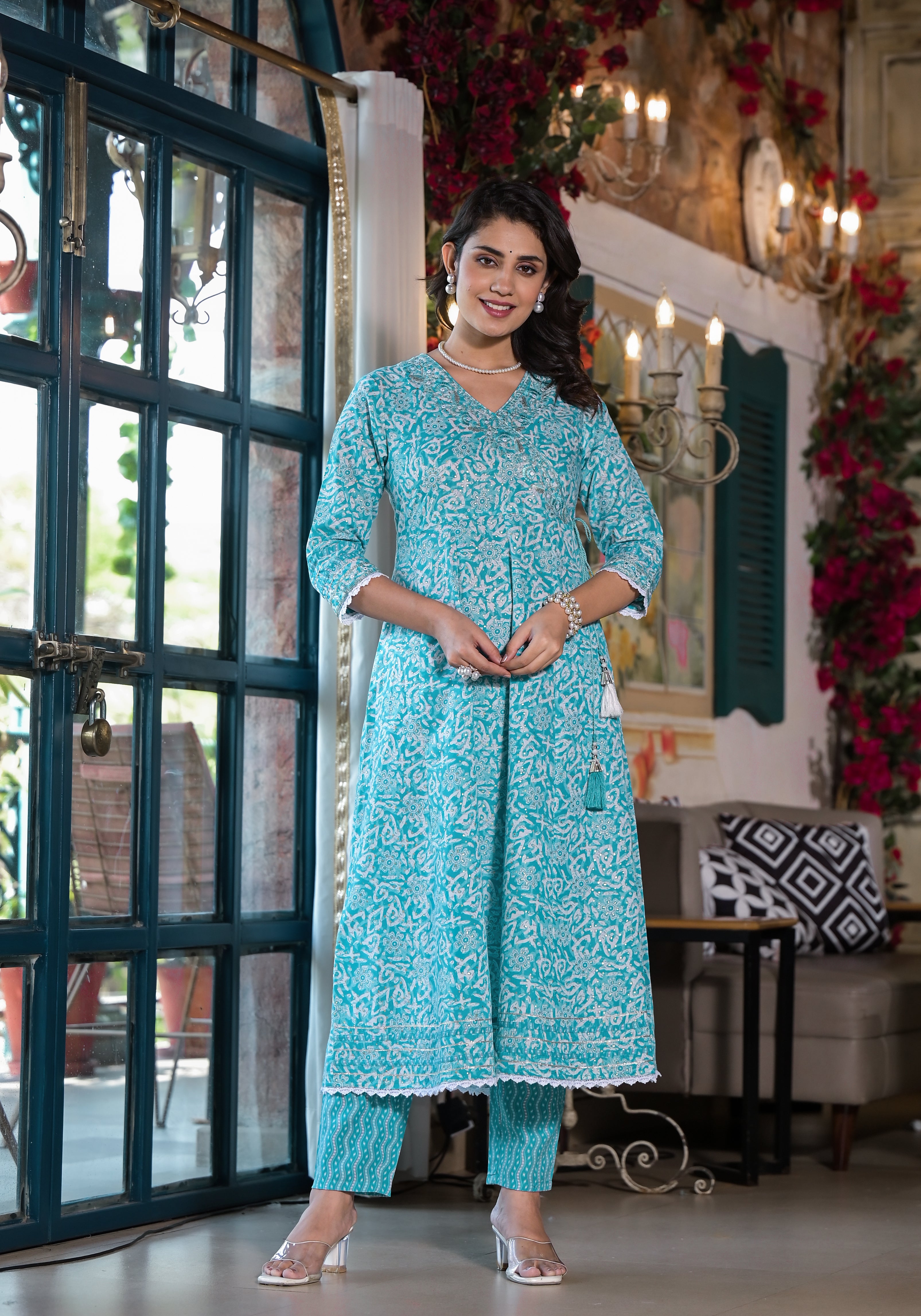 Embroidered & Printed Angrakha Style Kurta with pant & dupatta