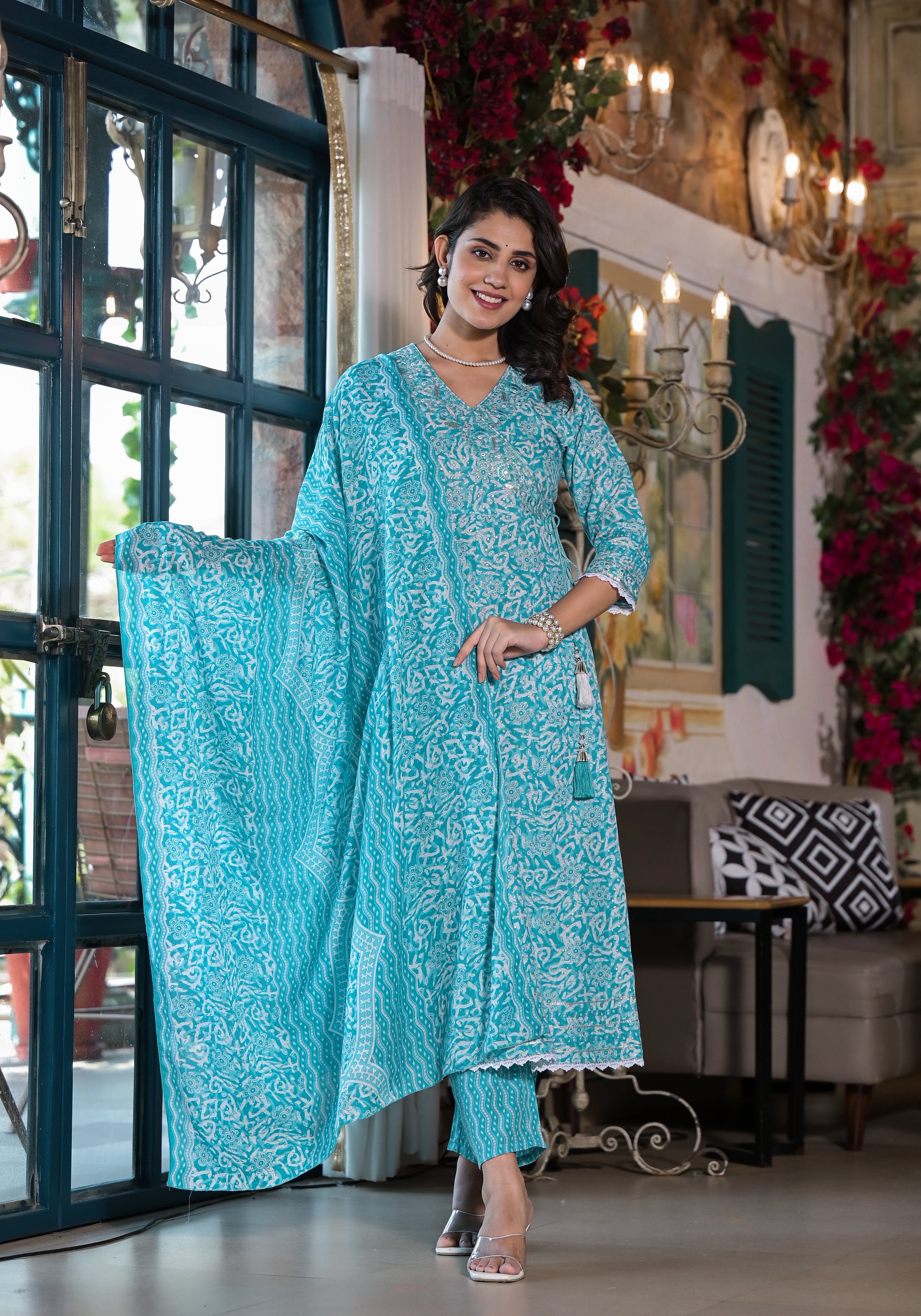 Embroidered & Printed Angrakha Style Kurta with pant & dupatta