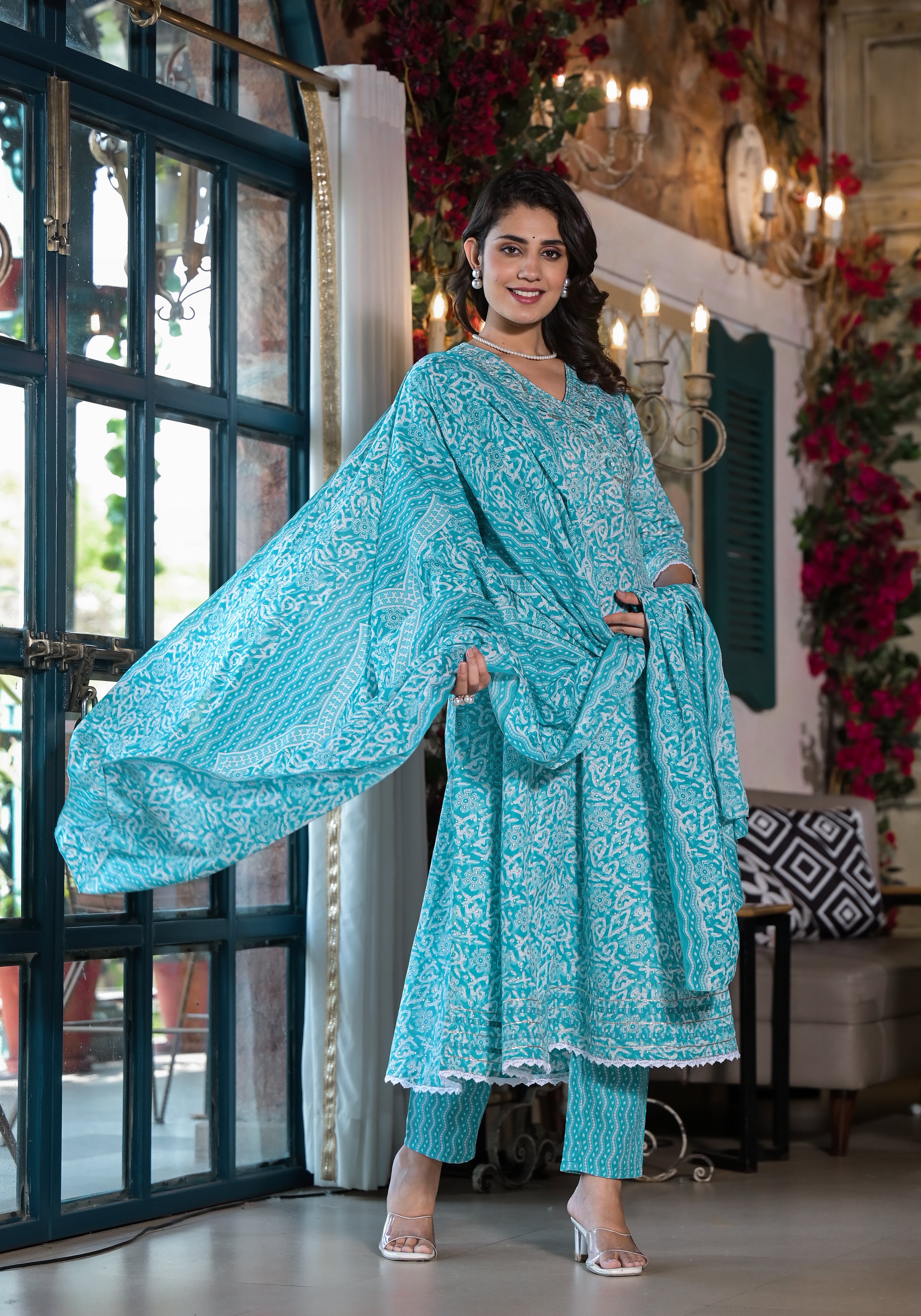 Embroidered & Printed Angrakha Style Kurta with pant & dupatta