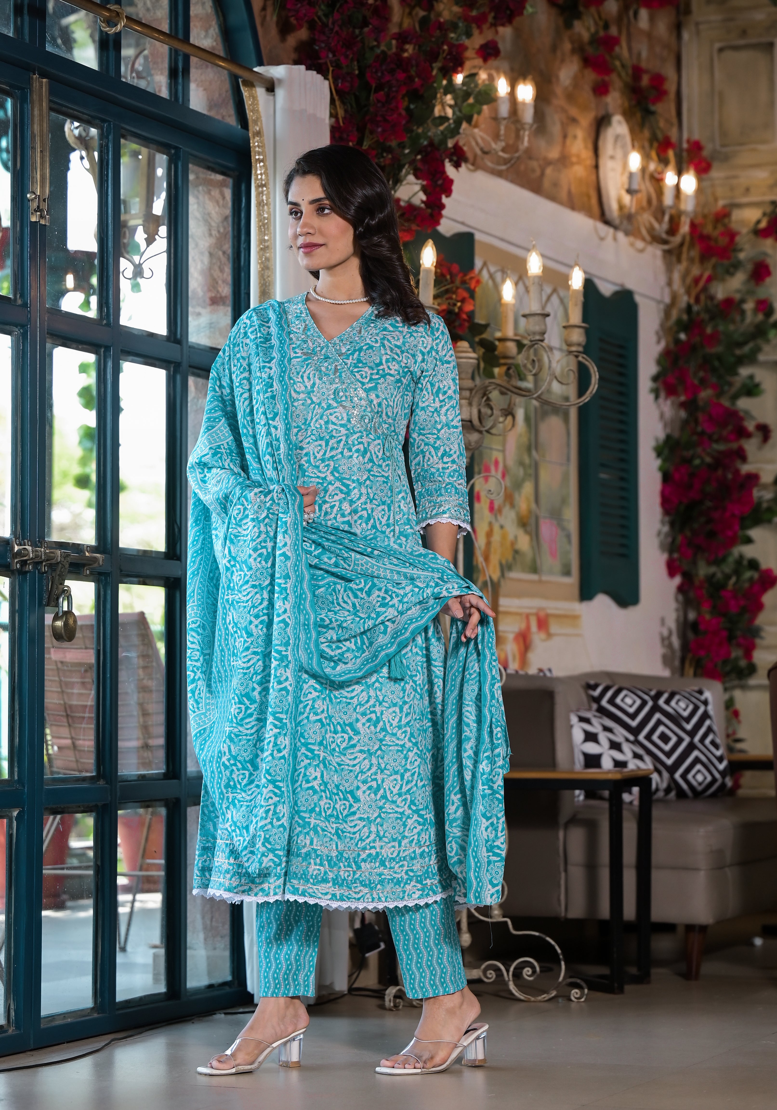 Embroidered & Printed Angrakha Style Kurta with pant & dupatta