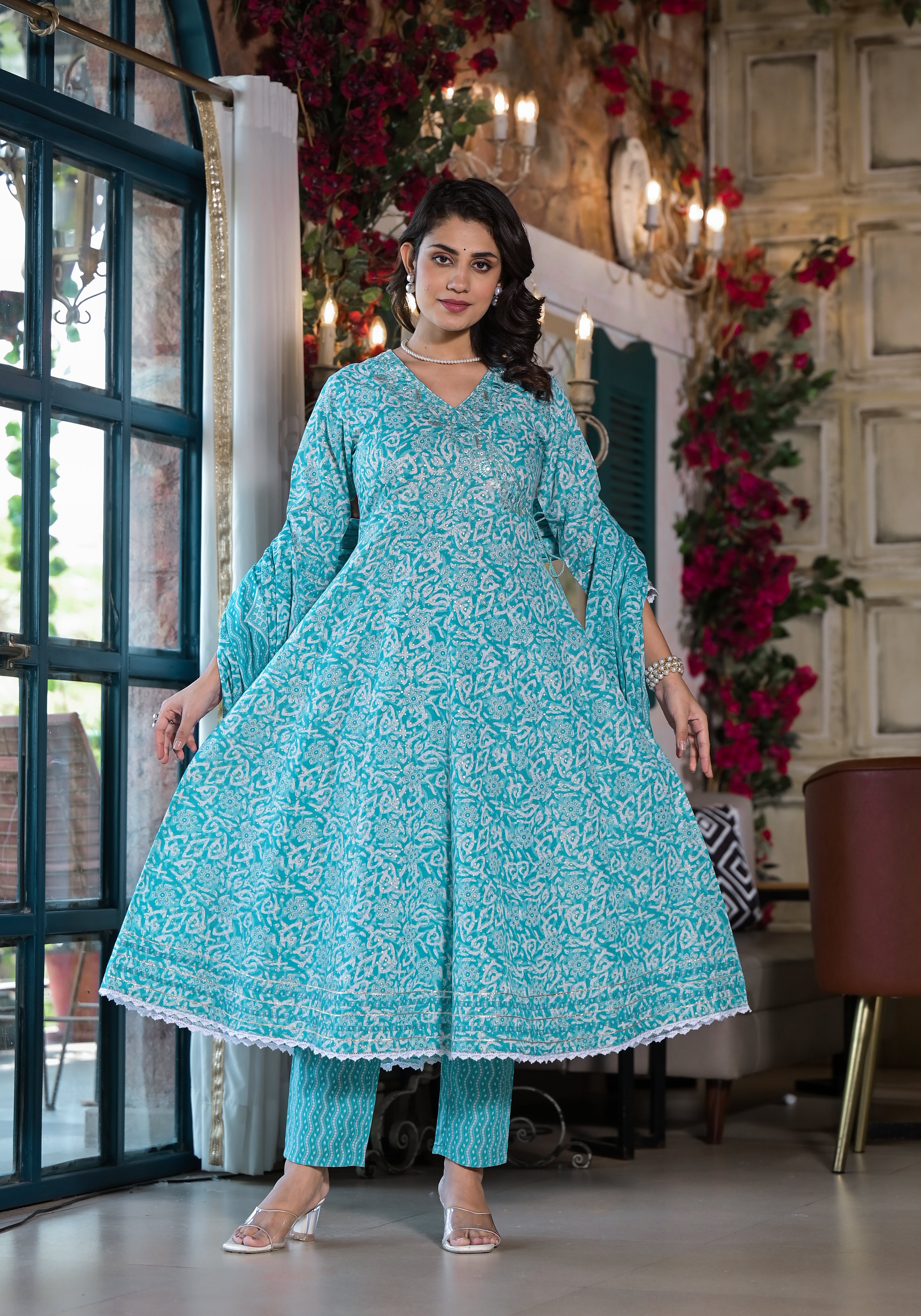 Embroidered & Printed Angrakha Style Kurta with pant & dupatta