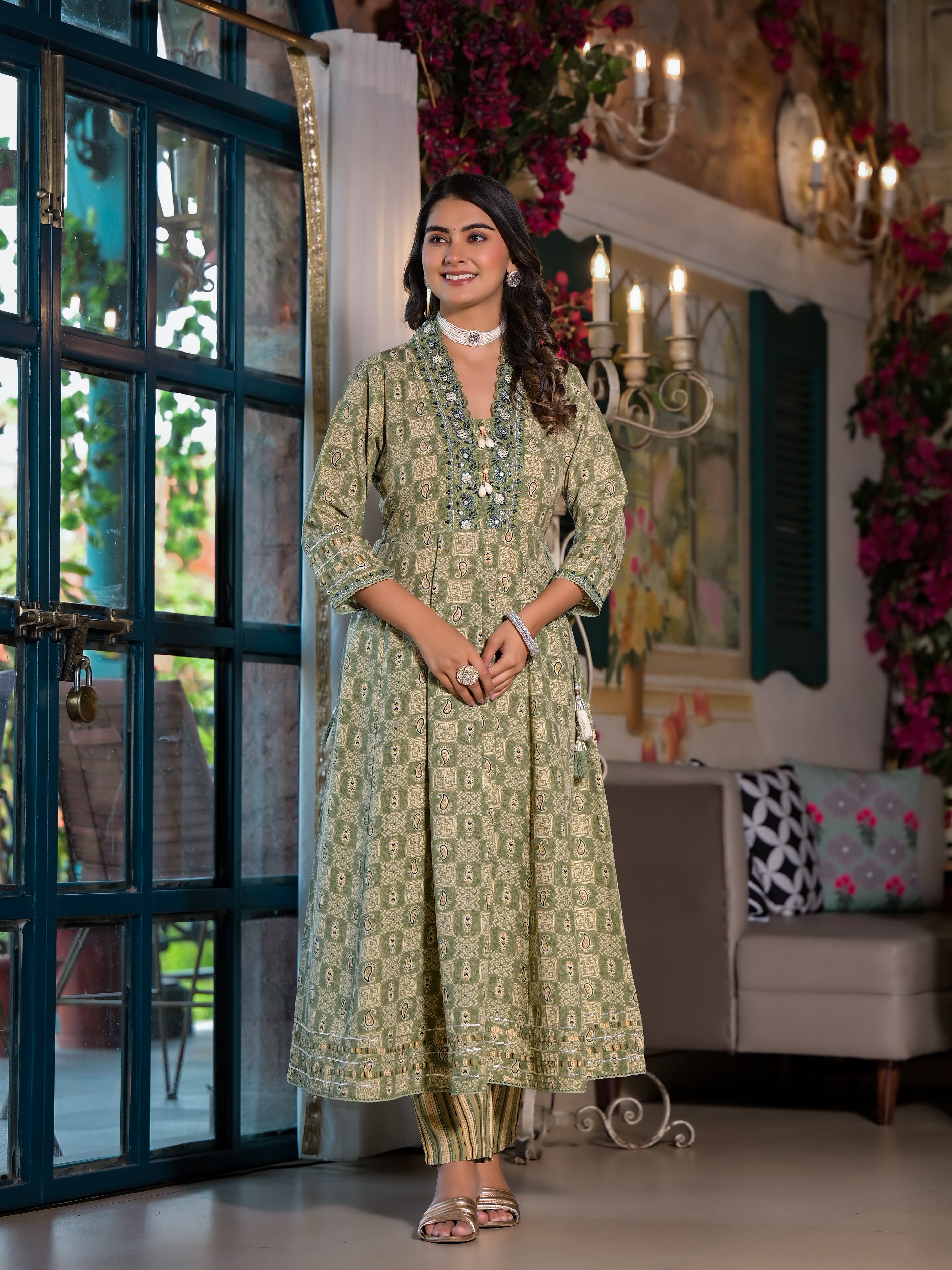 Embroidered & Printed Flared Kurta with pant & dupatta