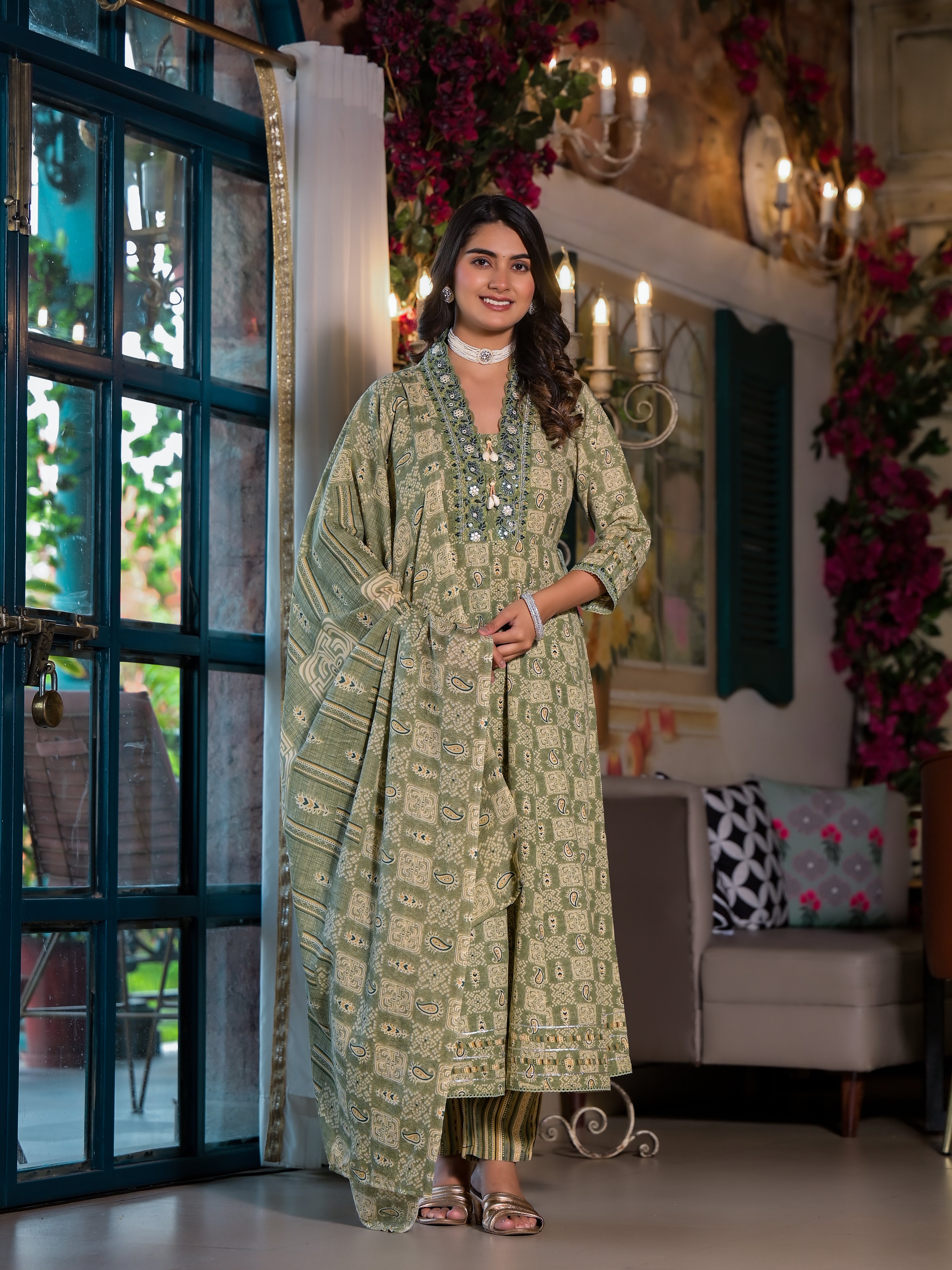 Embroidered & Printed Flared Kurta with pant & dupatta