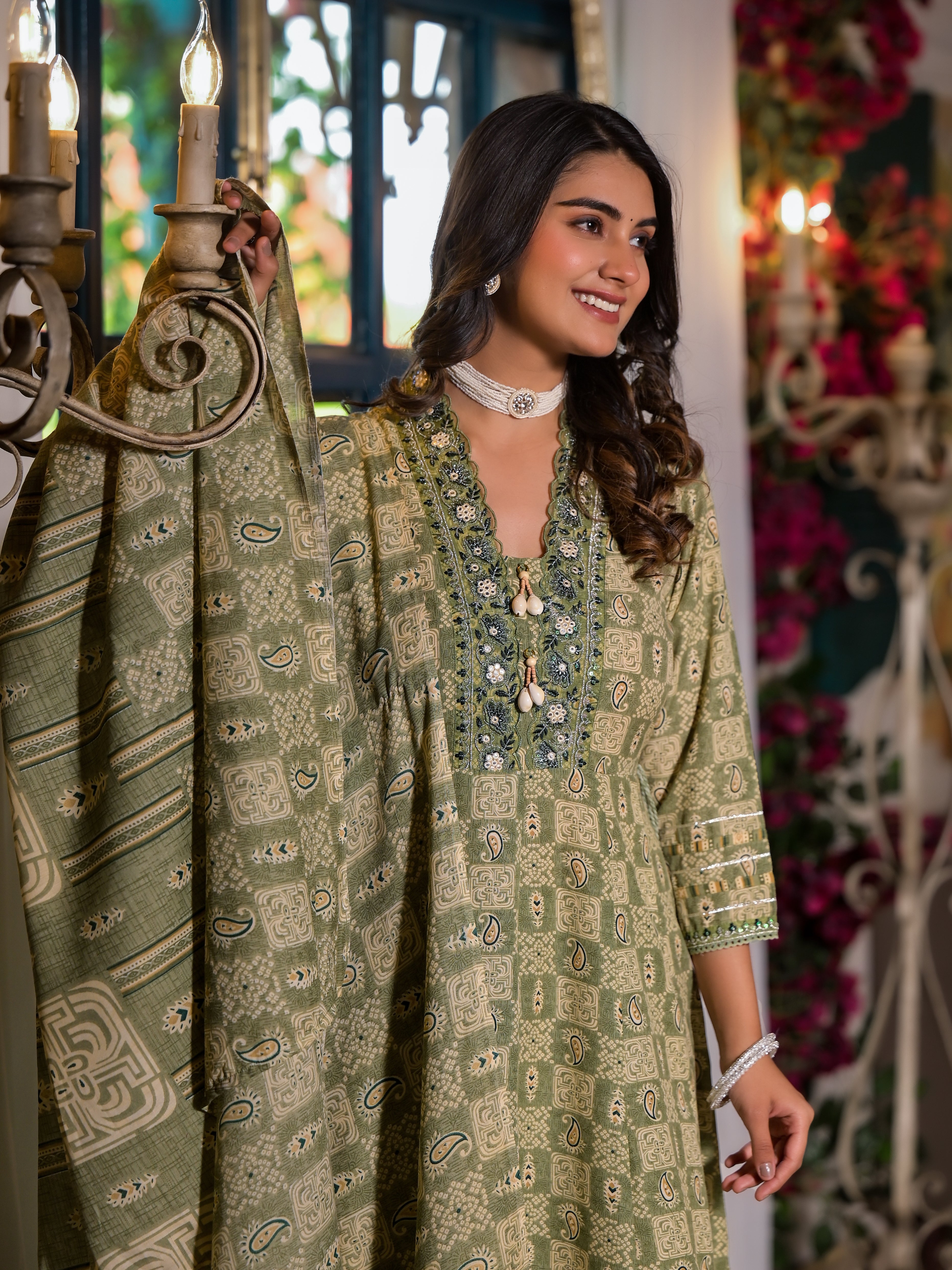 Embroidered & Printed Flared Kurta with pant & dupatta