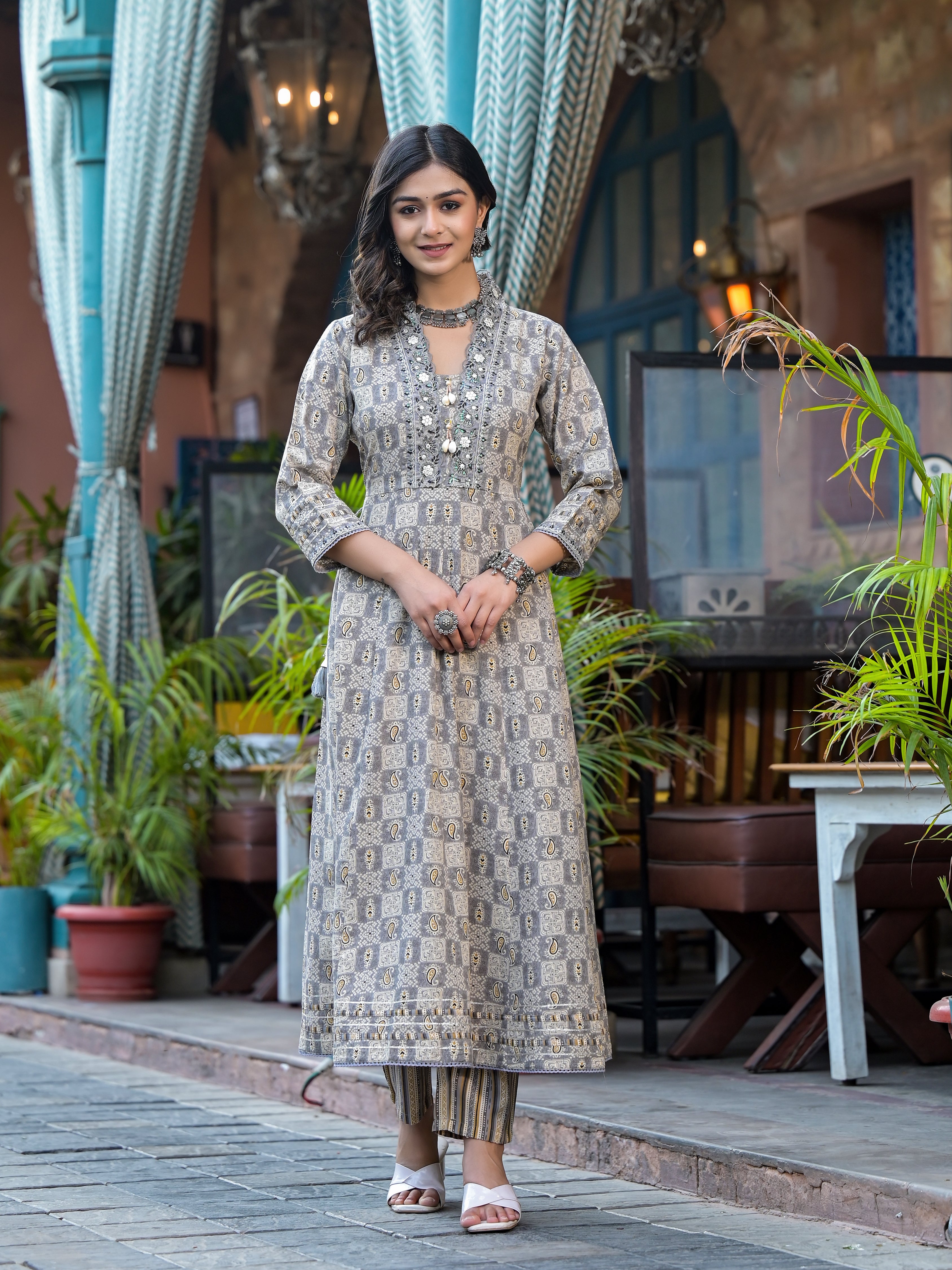 Embroidered & Printed Flared Kurta with pant & dupatta