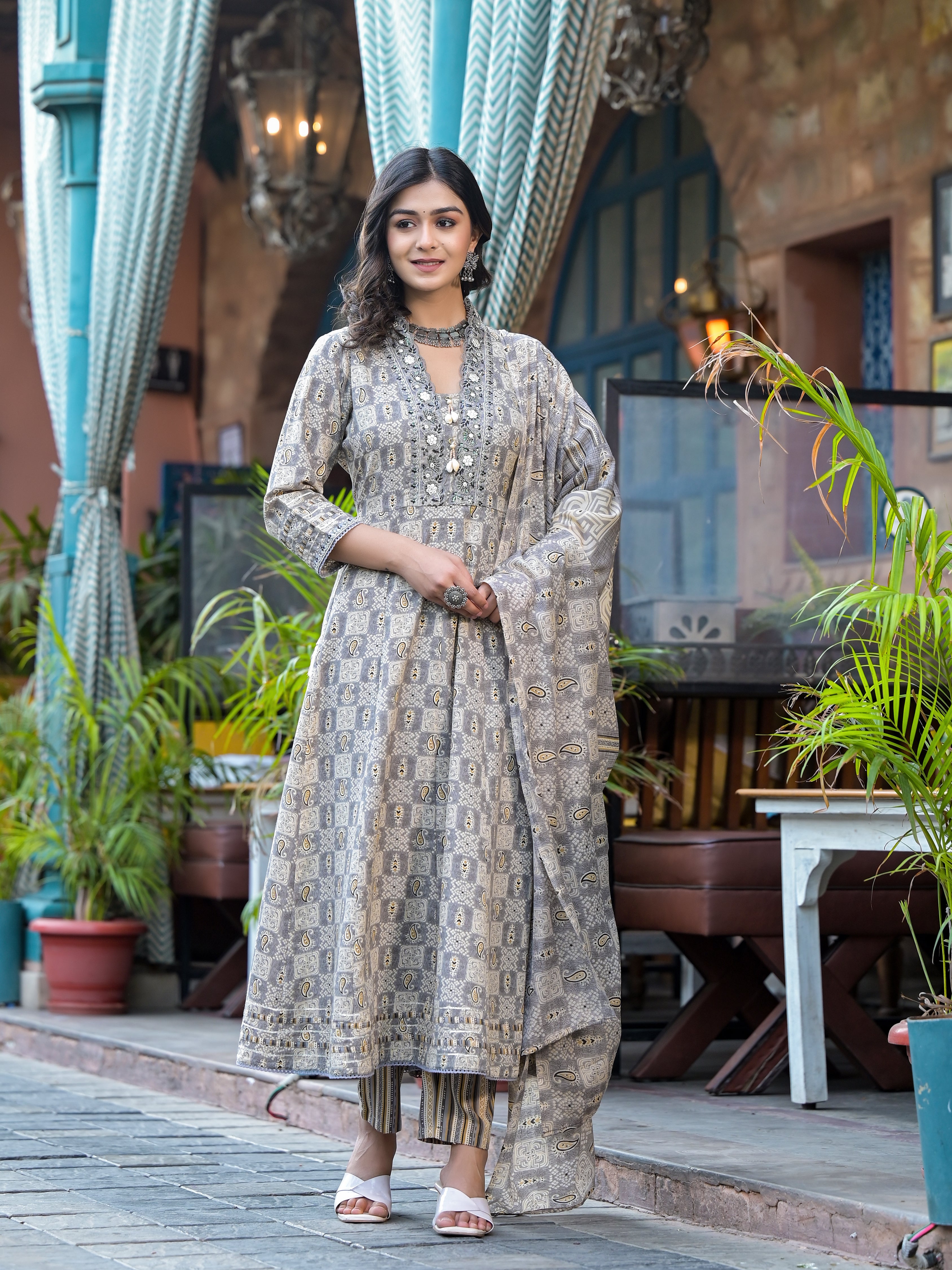 Embroidered & Printed Flared Kurta with pant & dupatta