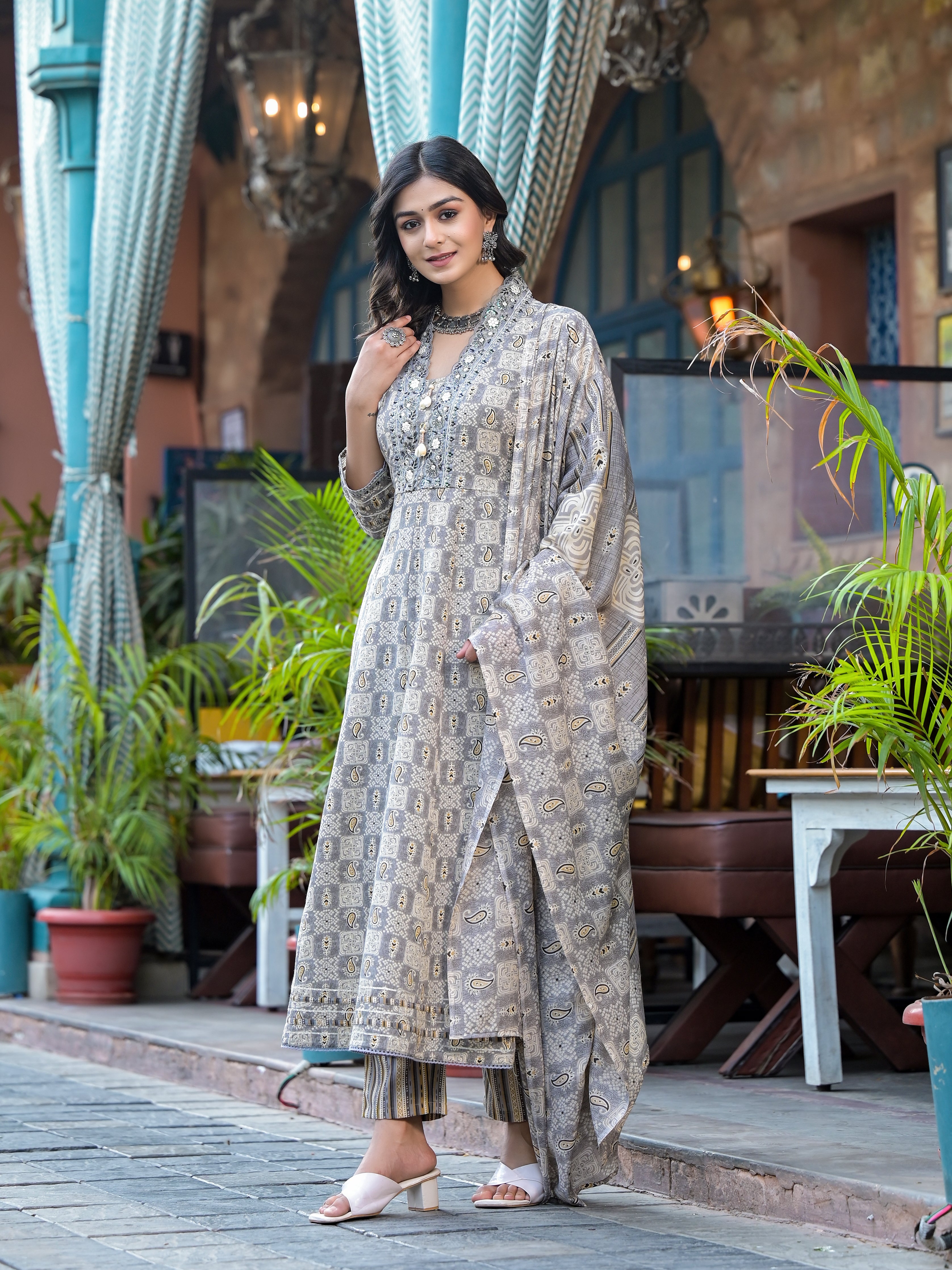 Embroidered & Printed Flared Kurta with pant & dupatta