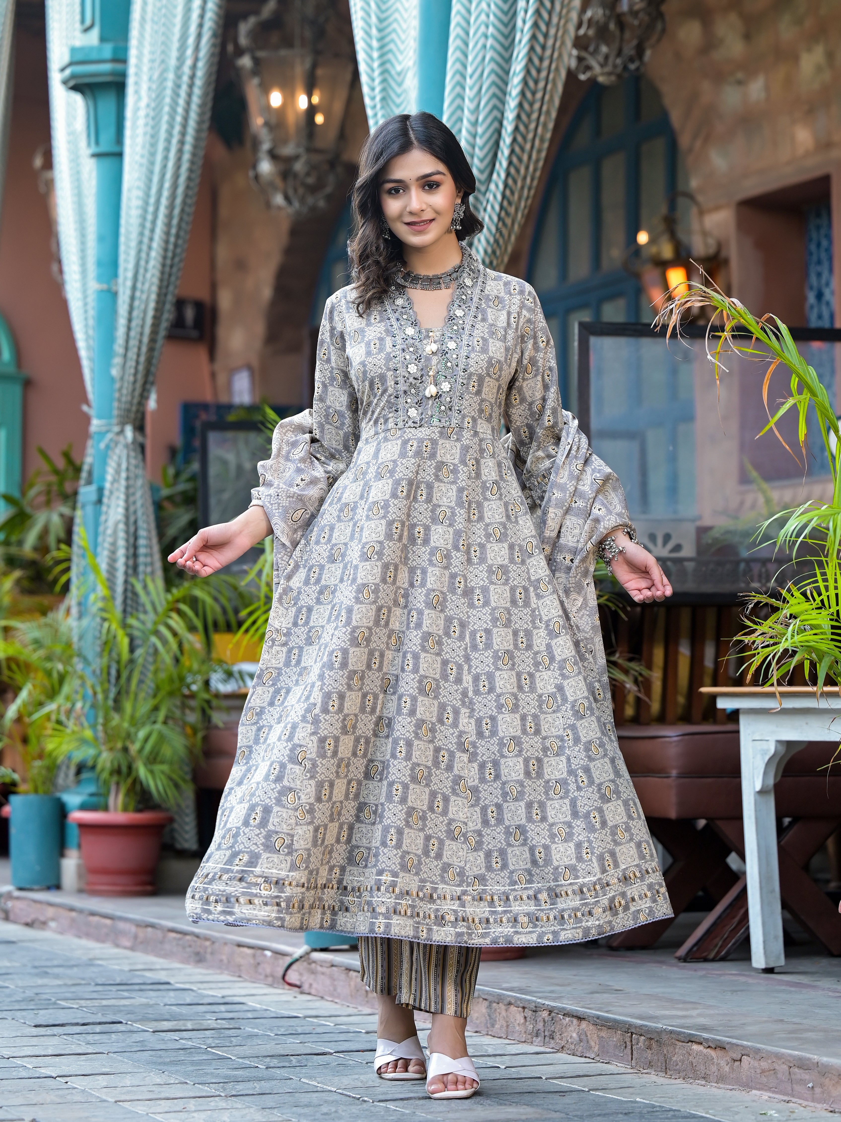 Embroidered & Printed Flared Kurta with pant & dupatta