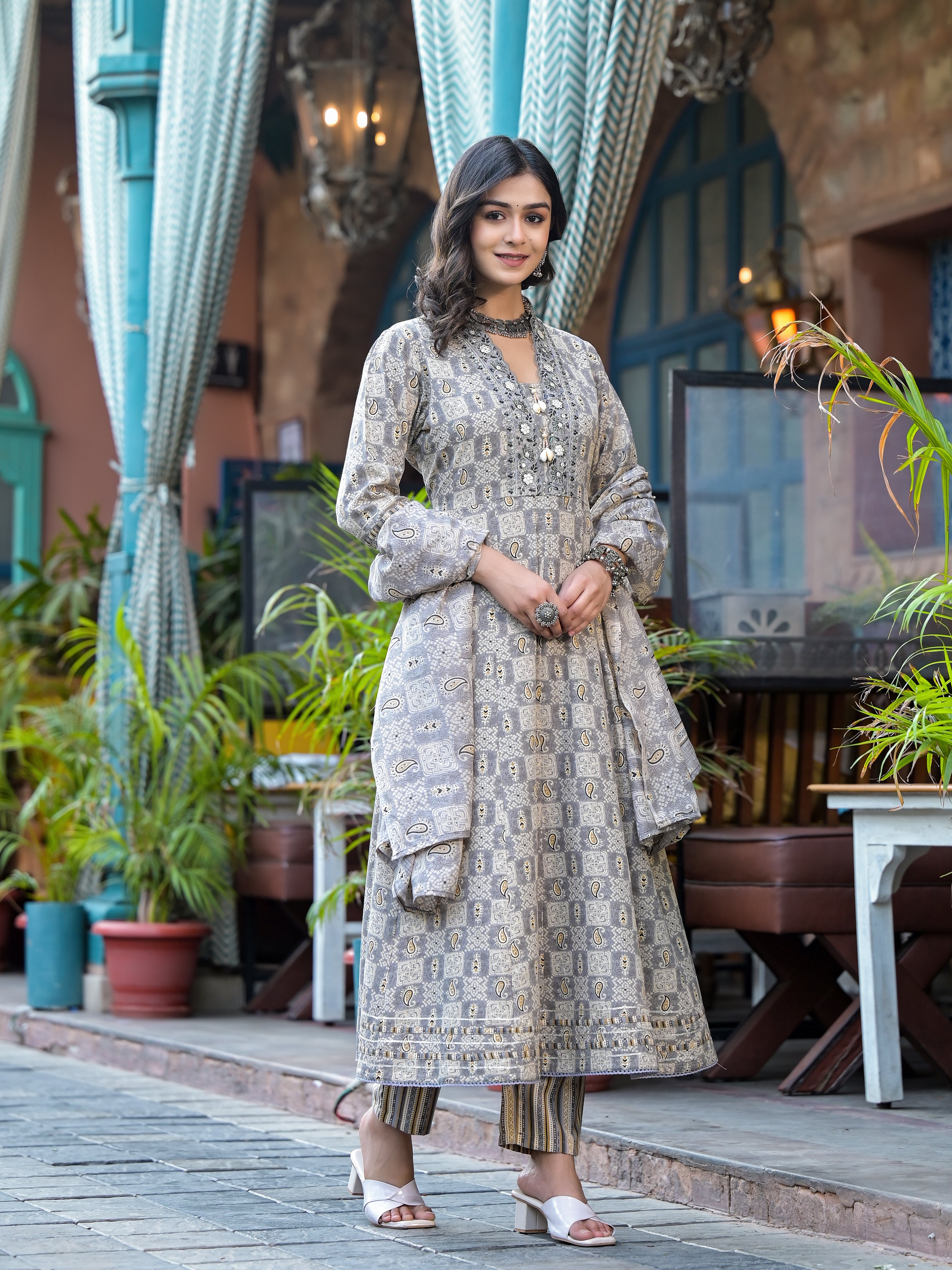 Embroidered & Printed Flared Kurta with pant & dupatta