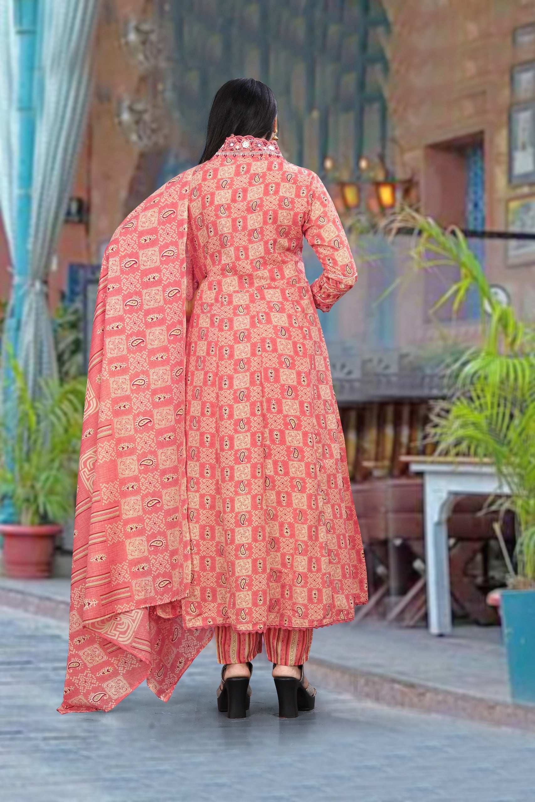 Embroidered & Printed Flared Kurta with pant & dupatta