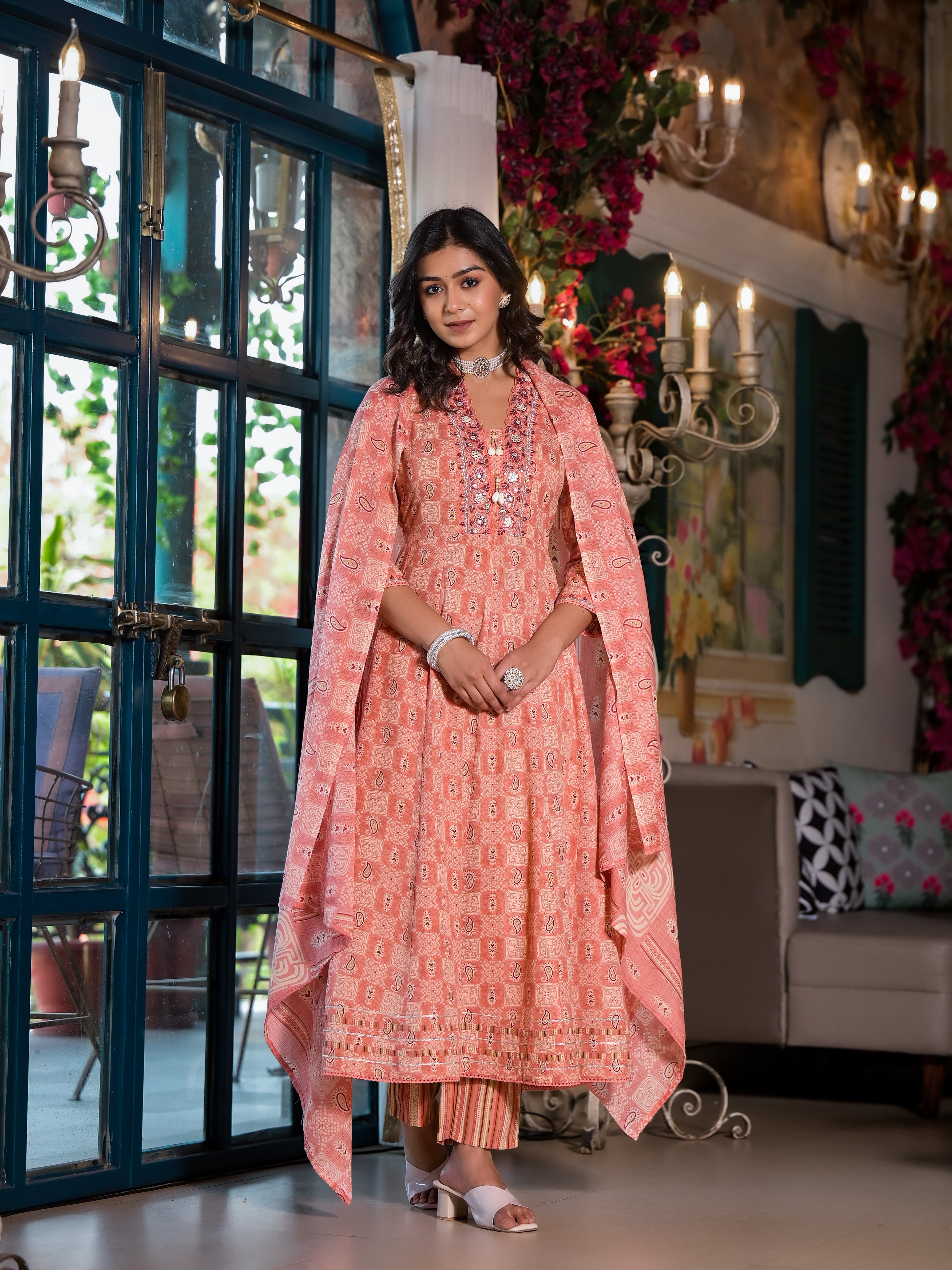 Embroidered & Printed Flared Kurta with pant & dupatta