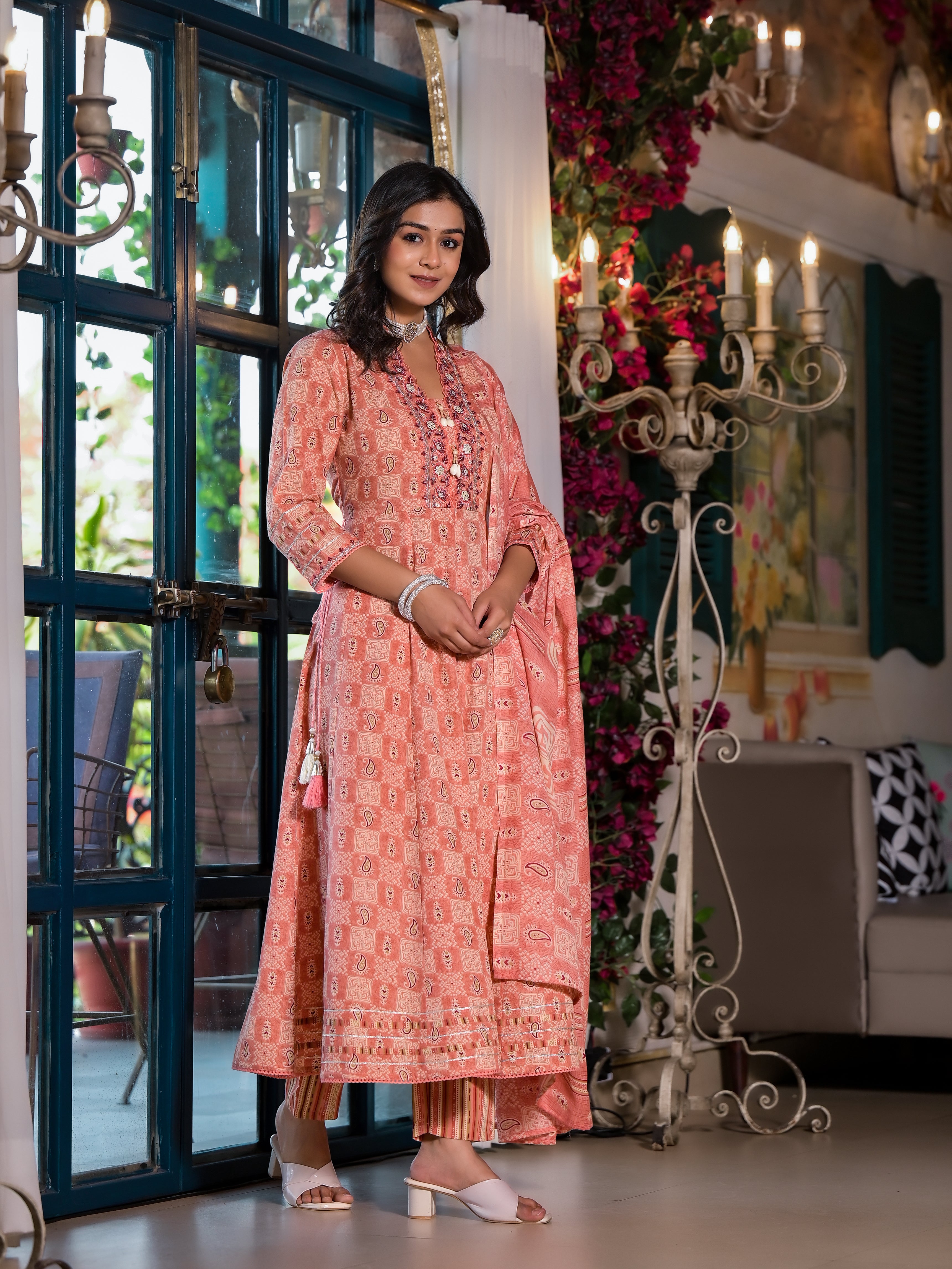 Embroidered & Printed Flared Kurta with pant & dupatta