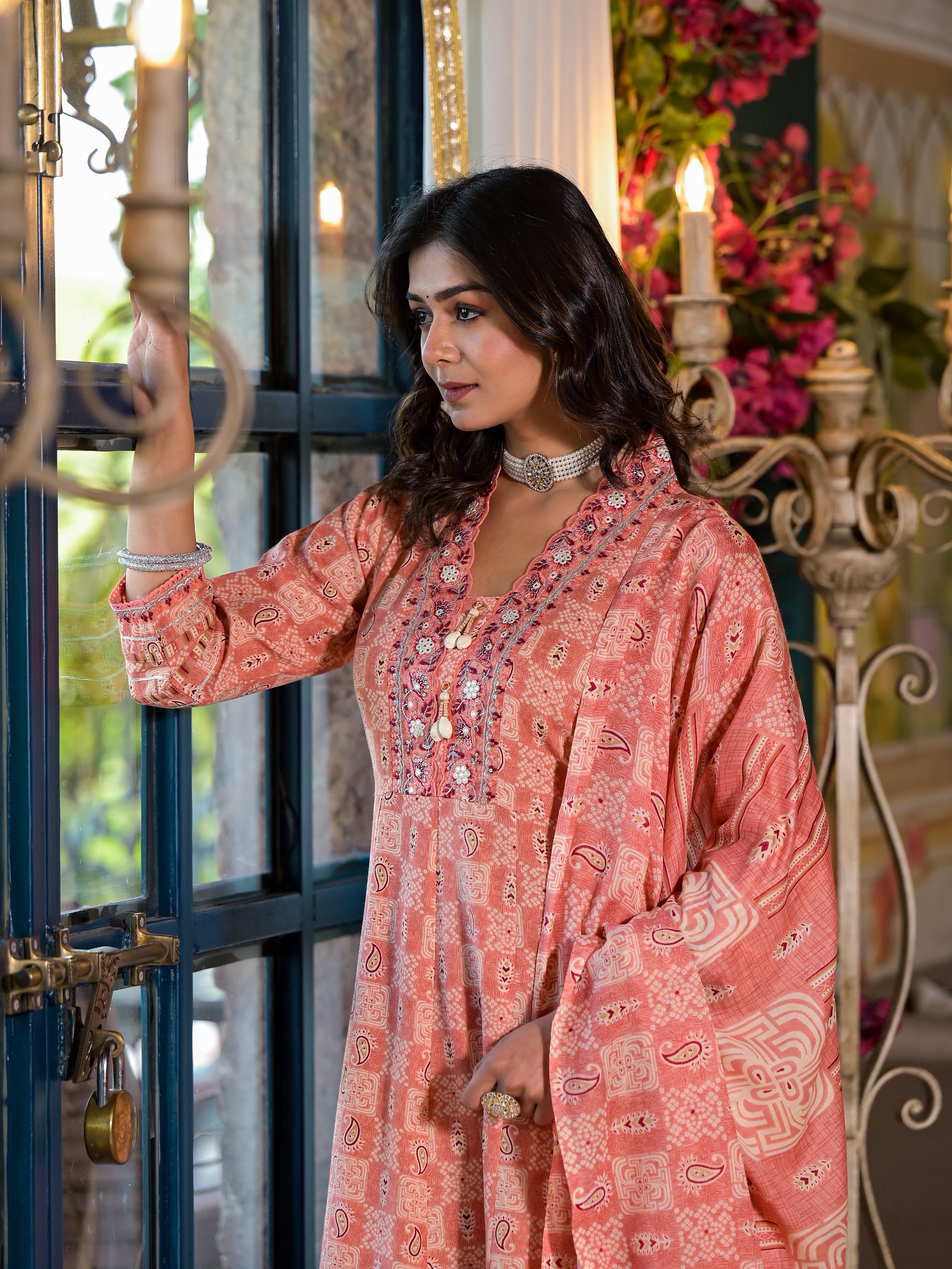 Embroidered & Printed Flared Kurta with pant & dupatta