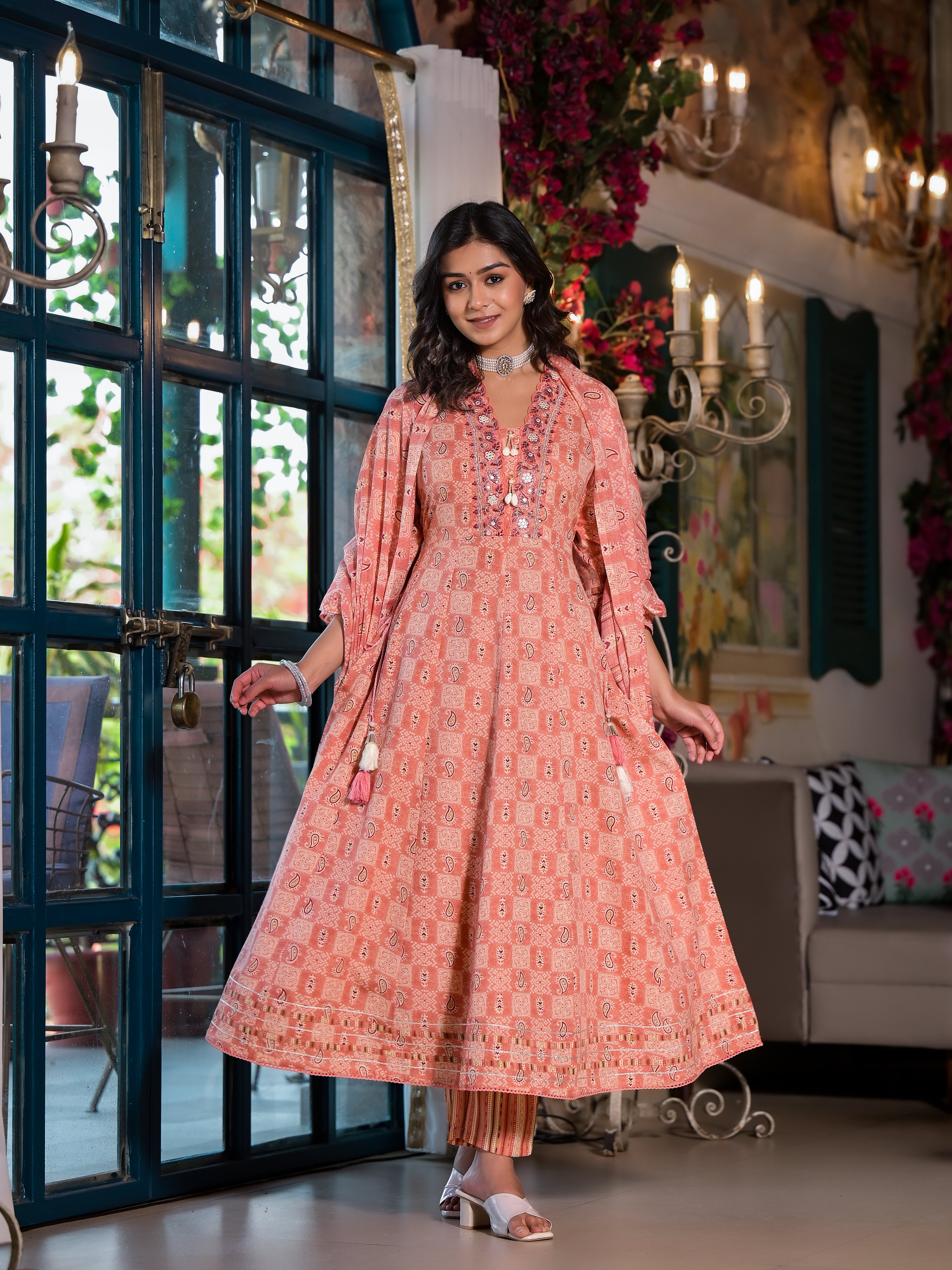 Embroidered & Printed Flared Kurta with pant & dupatta