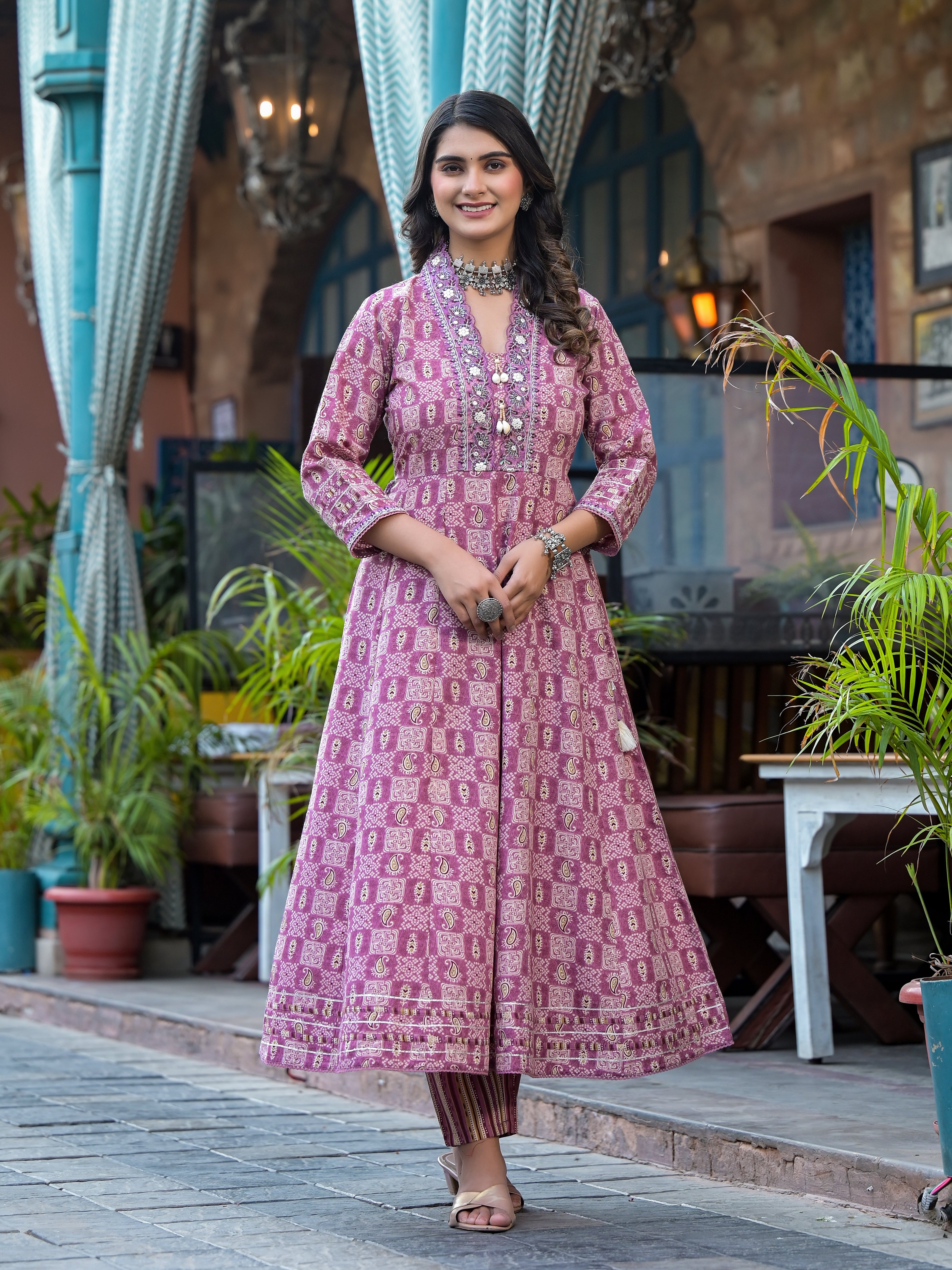 Embroidered & Printed Flared Kurta with pant & dupatta